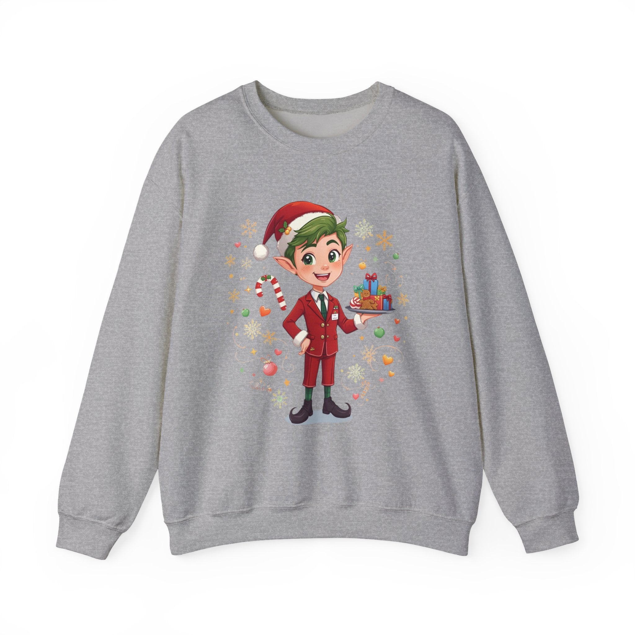 Christmas Cabin Elf Crewneck Sweatshirt – Cute Holiday Elf with Candy & Gifts