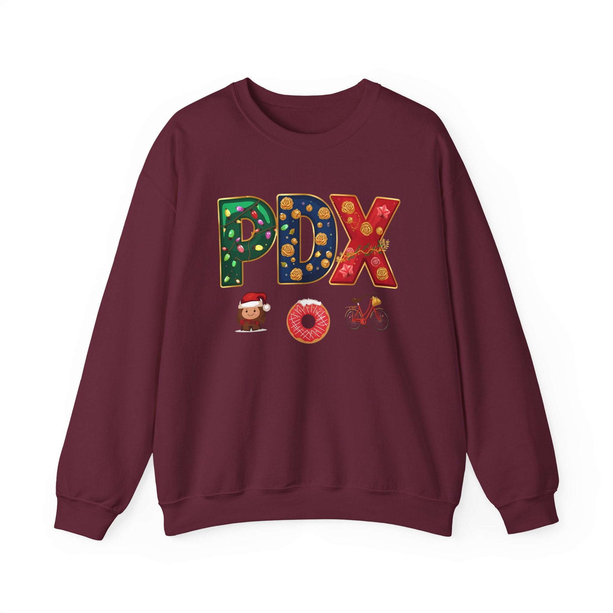 PDX Christmas Sweatshirt – Festive Holiday Letter Art Crewneck | Winter Travel Gift | Gildan 18000