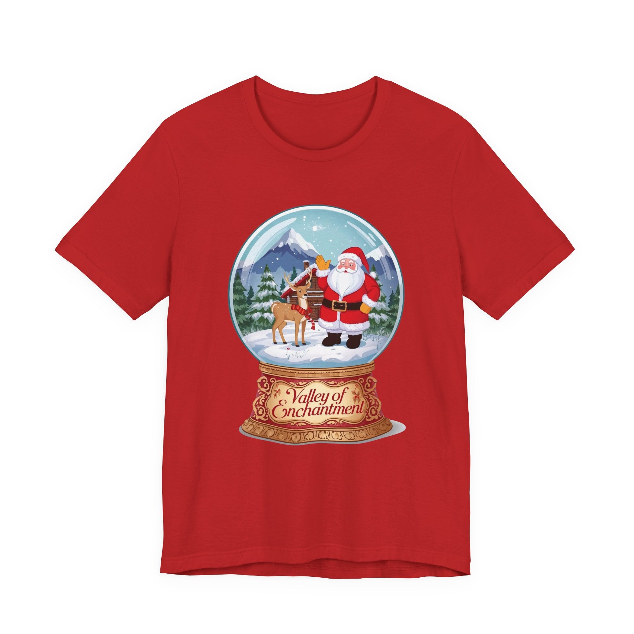 Valley of Enchantment Christmas Shirt – Cute Snow Globe Santa & Reindeer Cabin Tee | Mountain Town Christmas Gift | Bella Canvas 3001