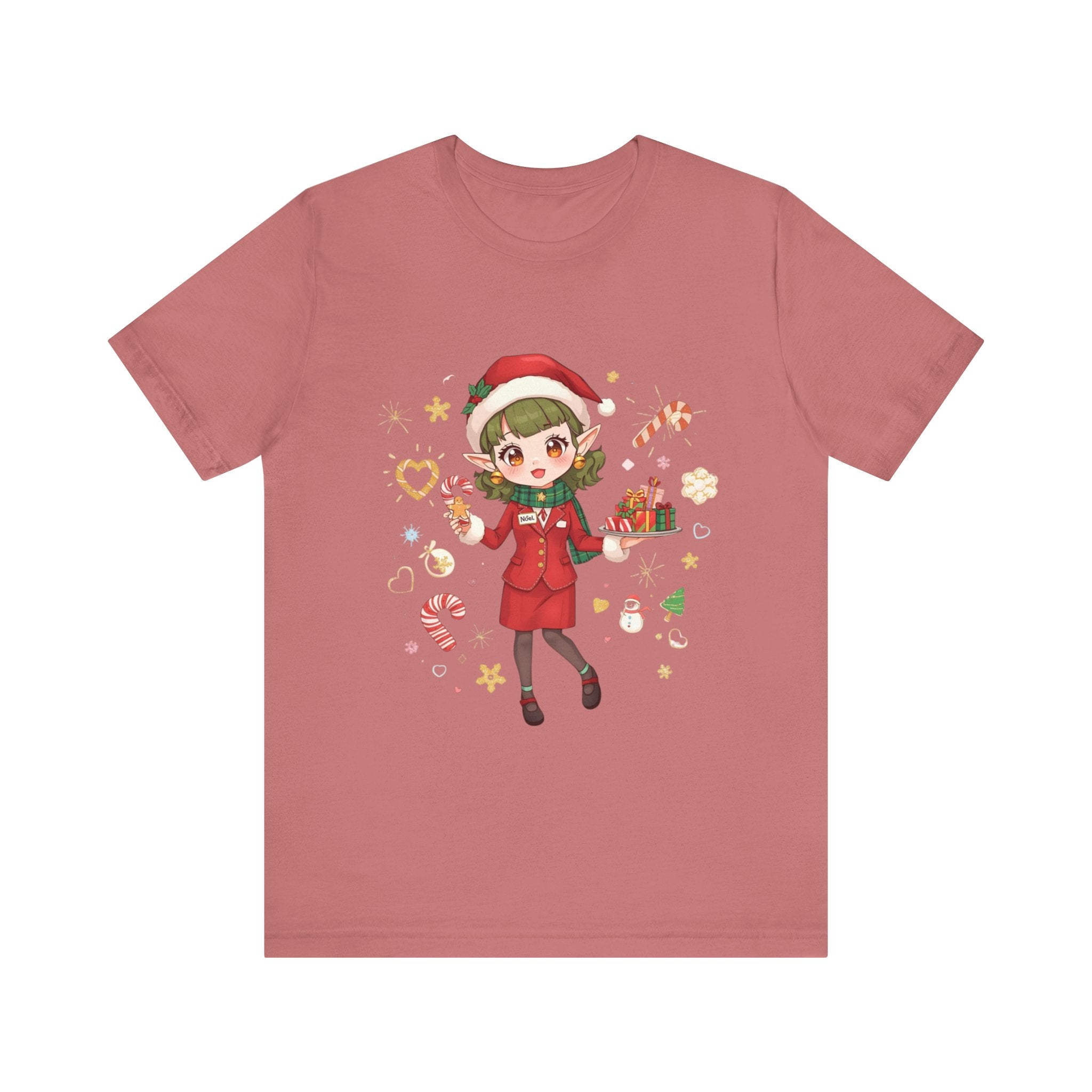 Cute Christmas Cabin Elf  Crew  Girl T‑Shirt — Holiday Anime Santa Tee