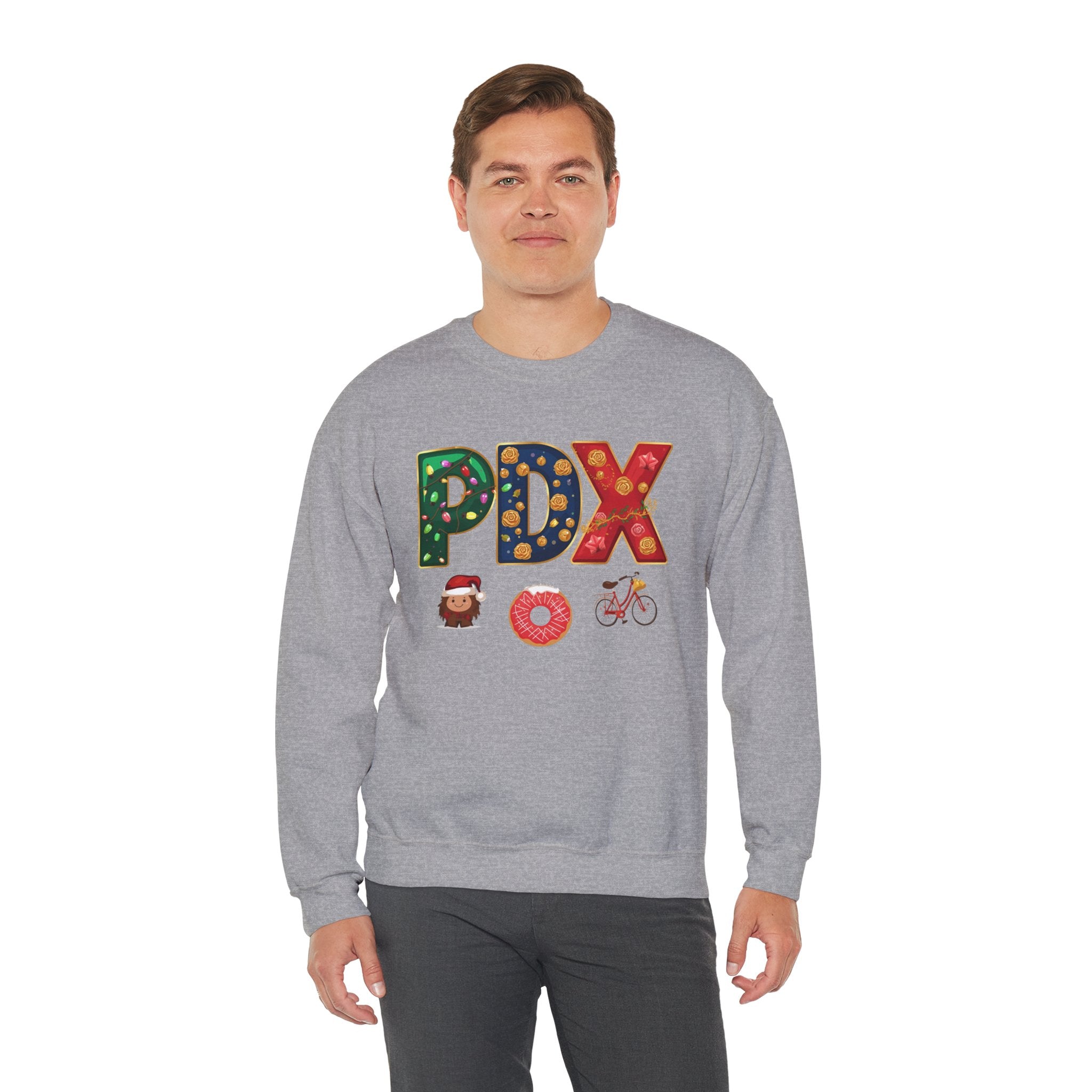PDX Christmas Sweatshirt – Festive Holiday Letter Art Crewneck | Winter Travel Gift | Gildan 18000