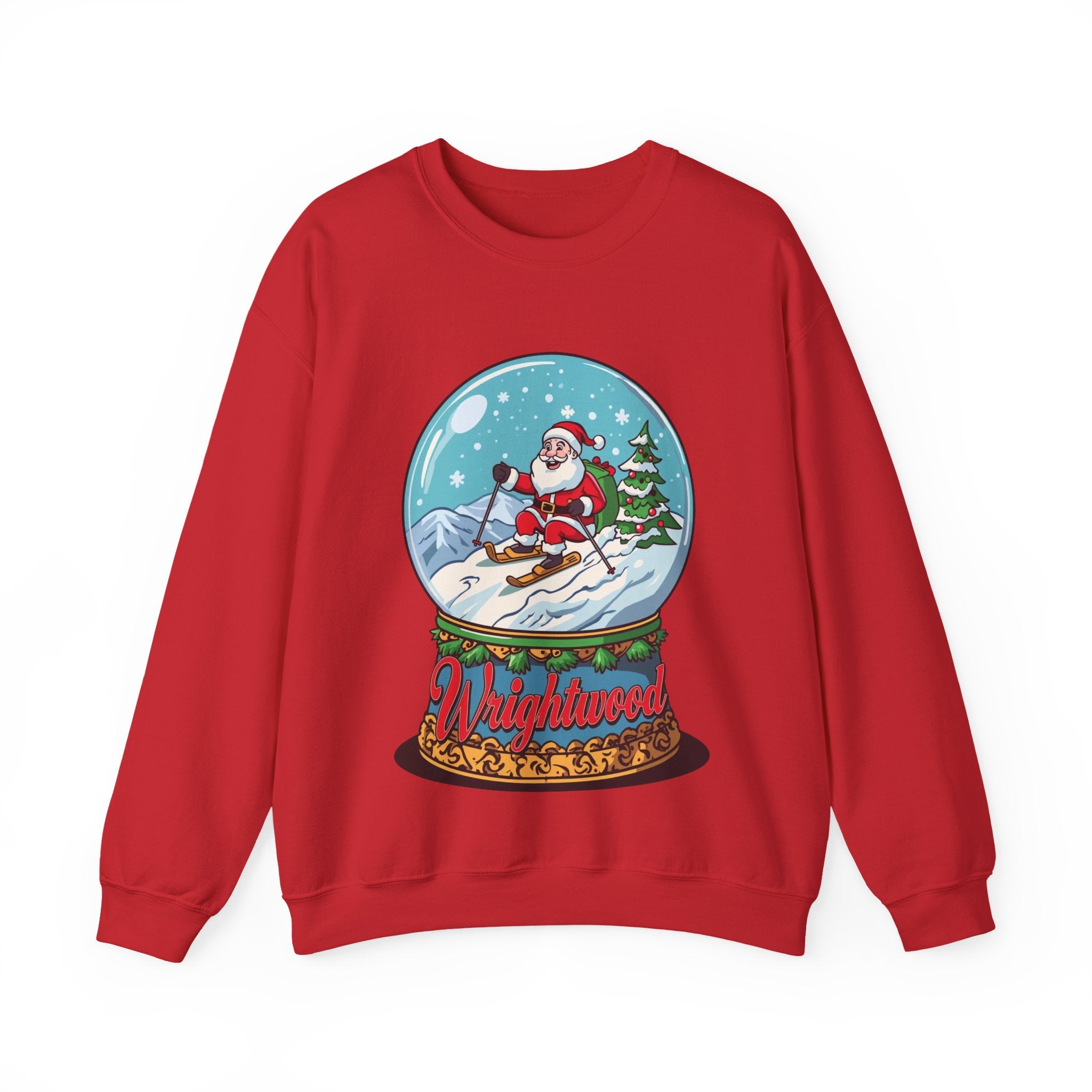 Wrightwood Christmas Sweatshirt – Cute Skiing Santa Snow Globe Crewneck | Mountain Town Christmas Gift | Gildan 18000
