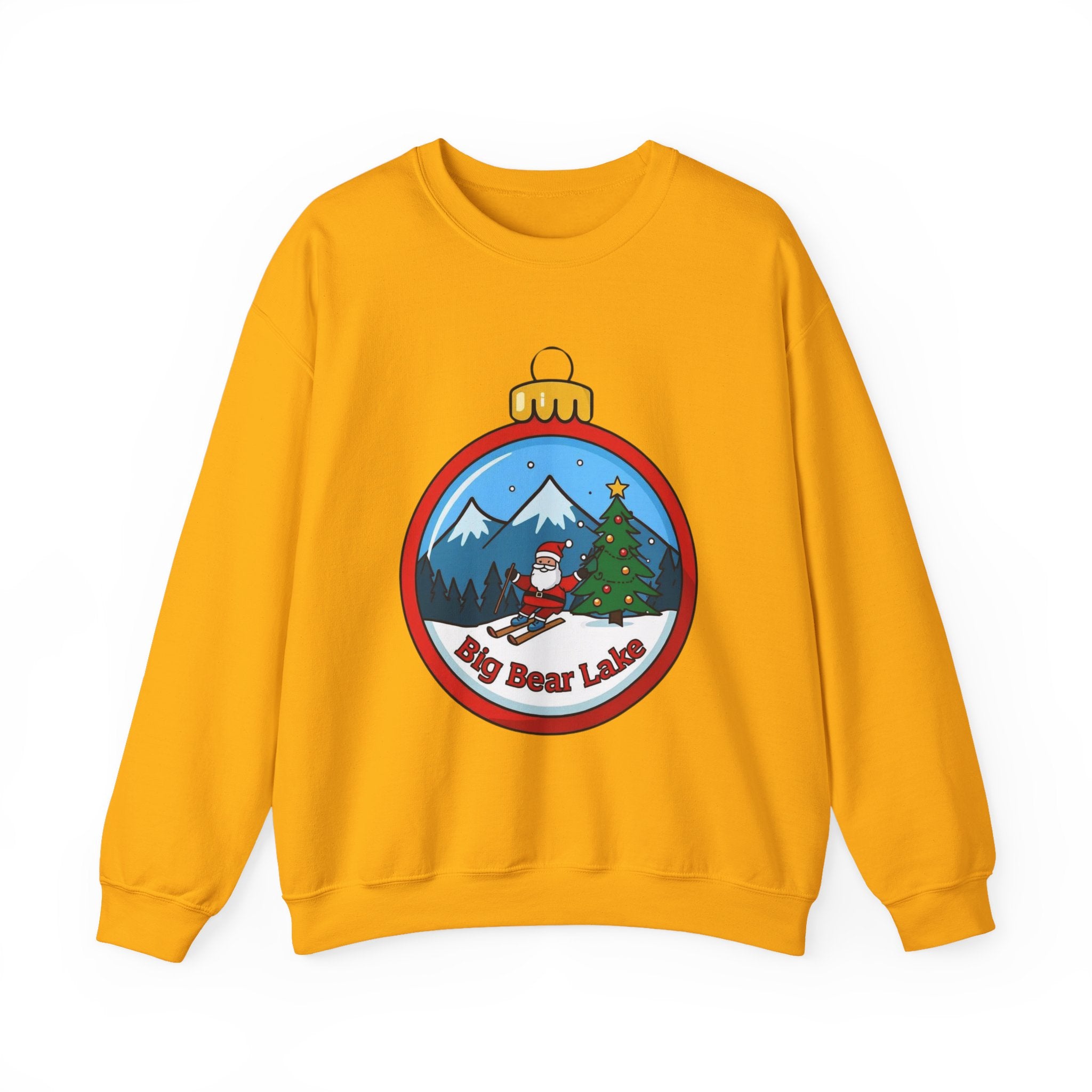 Big Bear Lake Skiing Santa Ornament Sweatshirt — Christmas Mountain Crewneck | Gildan 18000