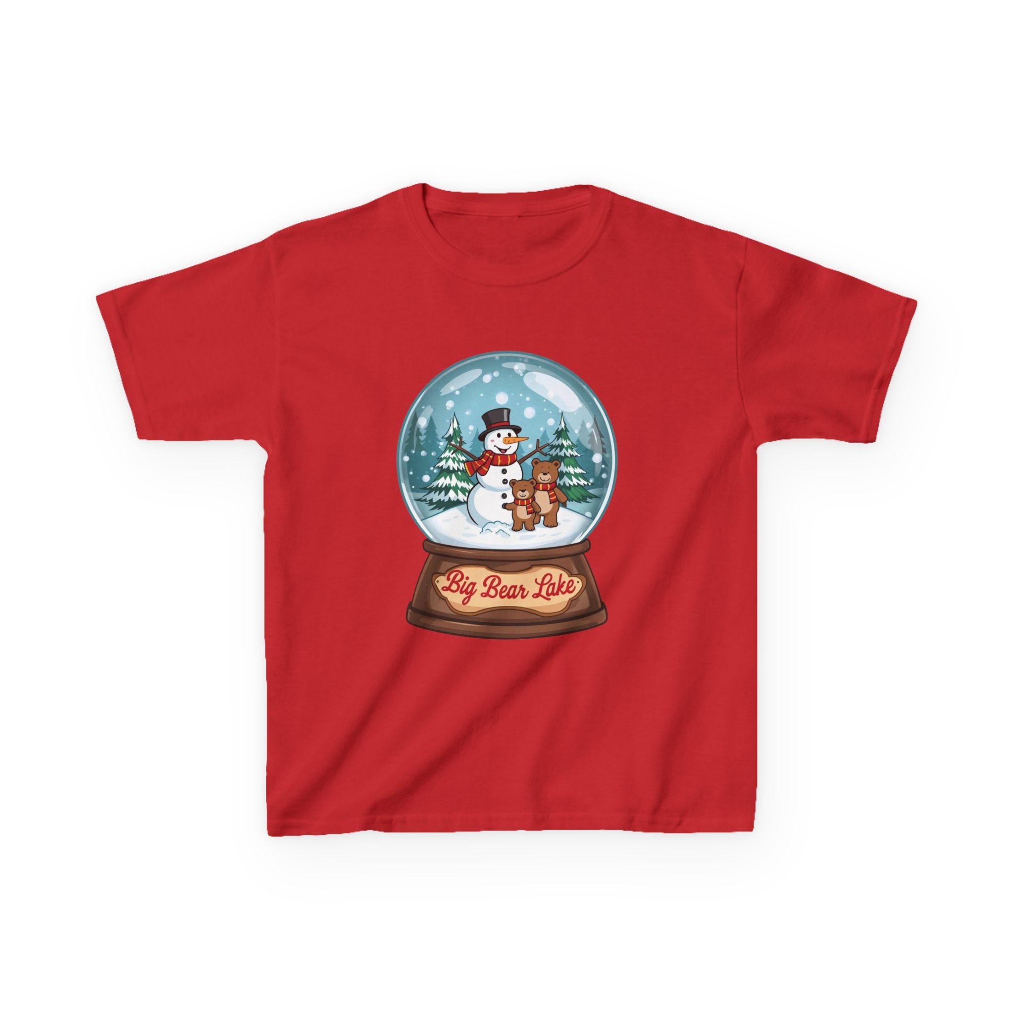 Big Bear Lake Snow Globe Kids Christmas Shirt – Cute Snowman & Bear Holiday Tee | Mountain Winter Cabin Gift | Christmas Kids Tee | Gildan 5000B