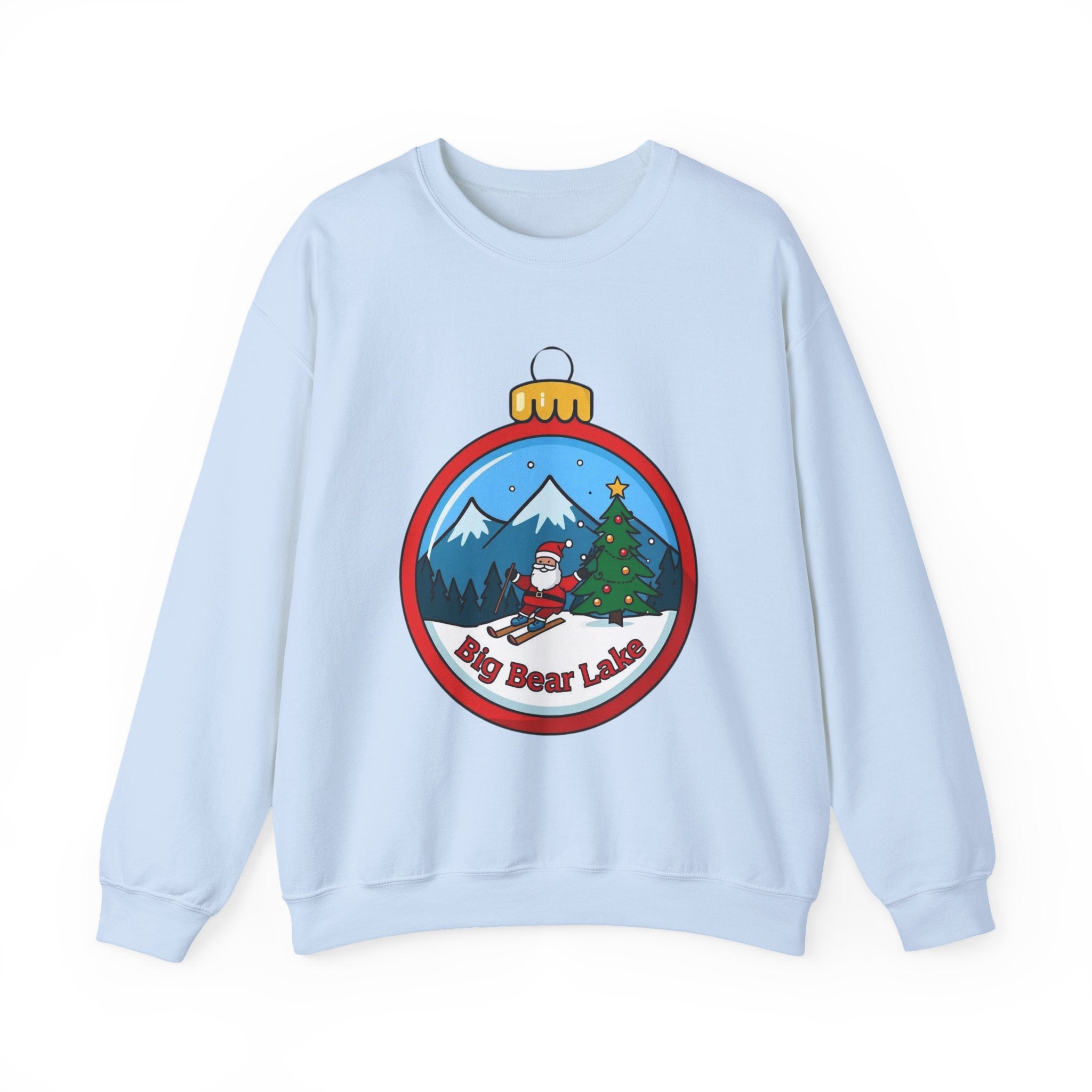 Big Bear Lake Skiing Santa Ornament Sweatshirt — Christmas Mountain Crewneck | Gildan 18000