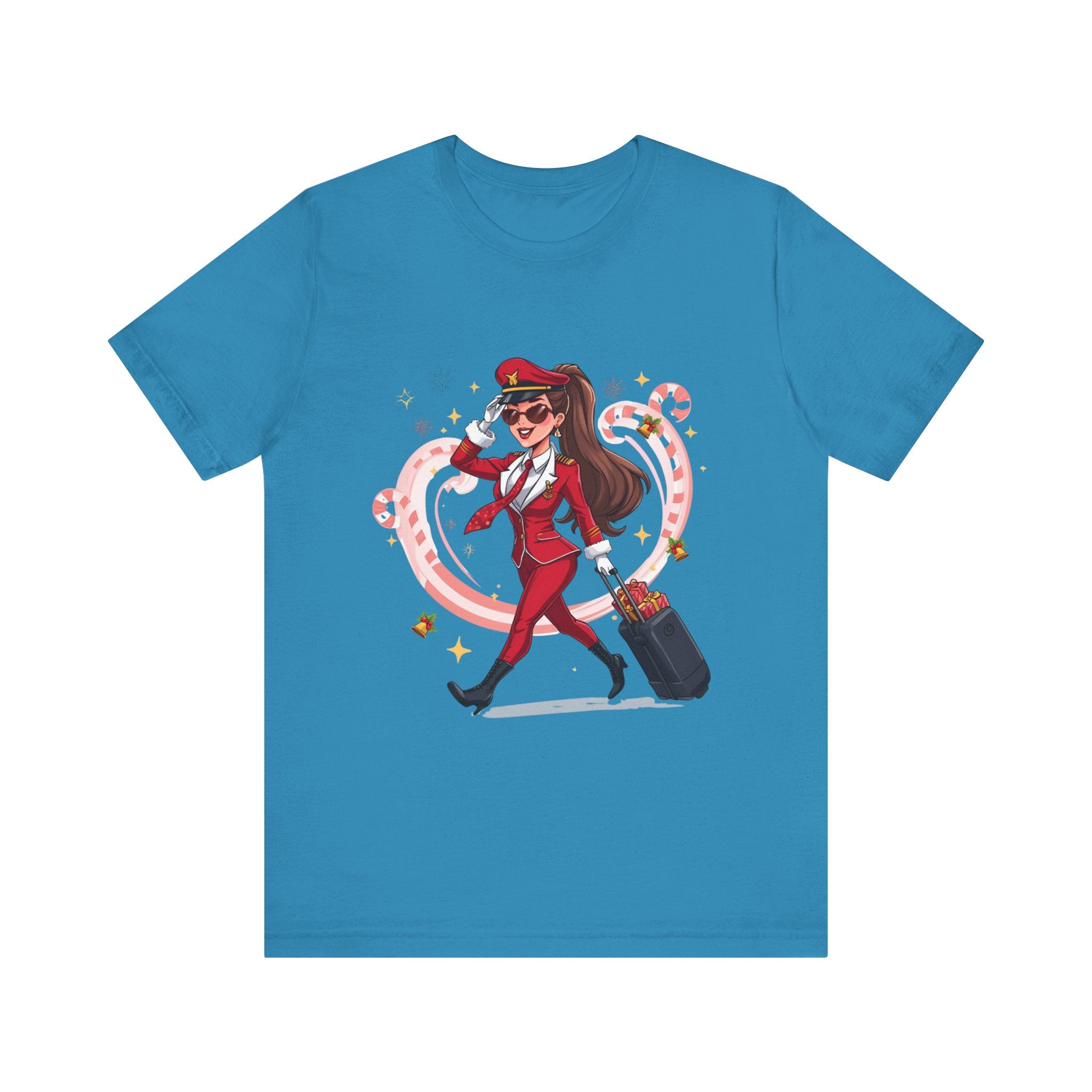 Sassy Pilot Cartoon Tee - Cute Female Pilot Stewardess with Luggage Shirt