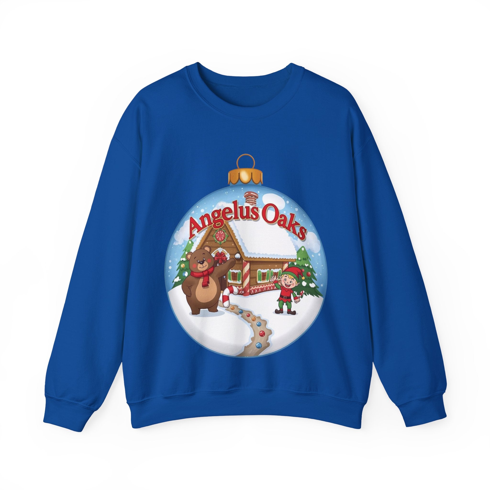 Angelus Oaks Christmas Sweatshirt – Bear & Elf Gingerbread Holiday Crewneck | Cute Mountain Town Christmas Sweater | Gildan 18000