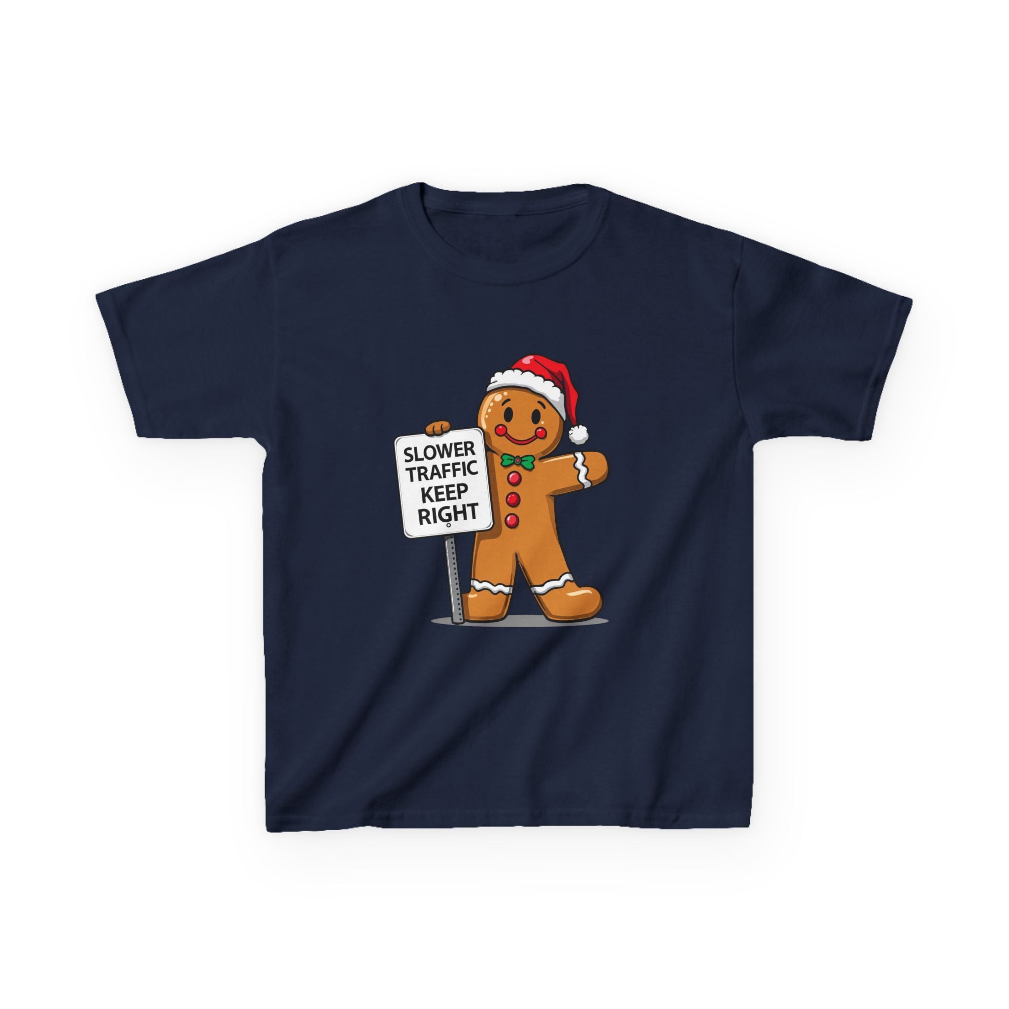 Funny Gingerbread Traffic Kids Christmas Shirt – Slower Traffic Keep Right Holiday Tee | Cute Gingerbread Man Humor | Gildan 5000B