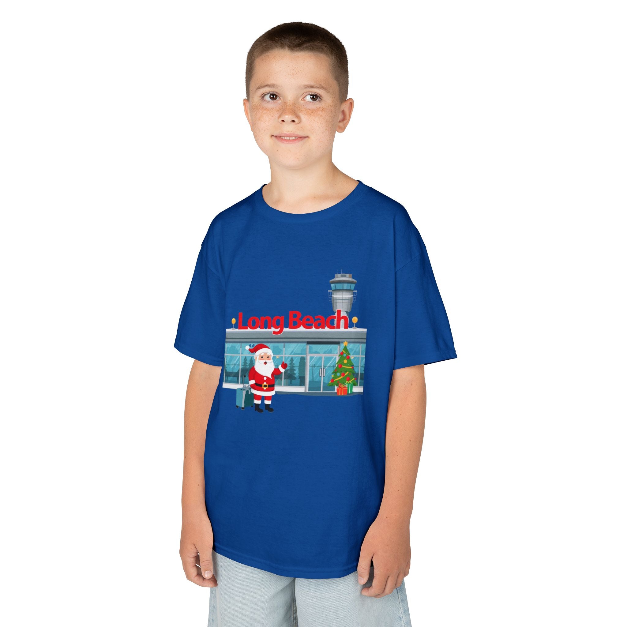 Kids Long Beach Airport Christmas Shirt – Santa Arrival Youth Tee | Cute Holiday Travel Shirt | Santa Luggage Graphic | Gildan 5000B
