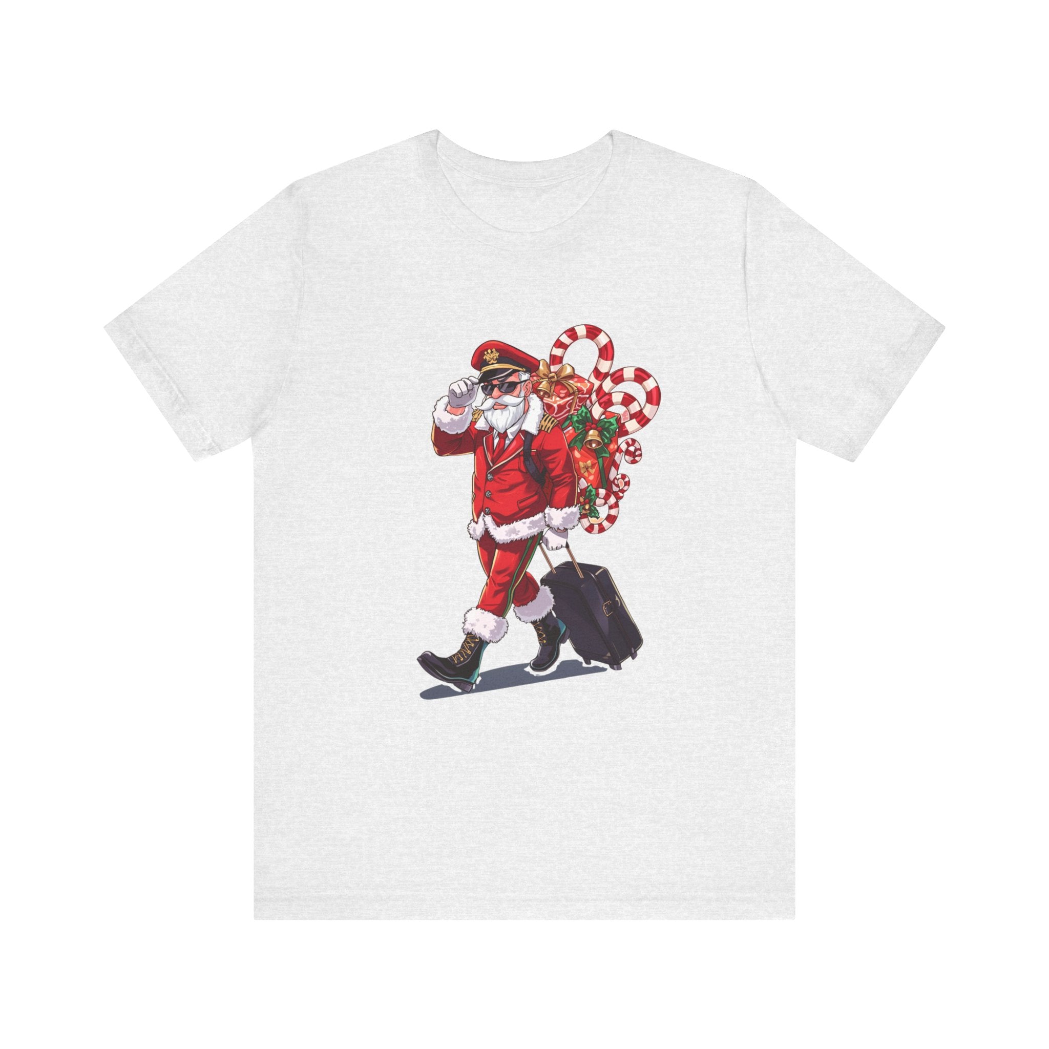 Saucy Santa Pilot T‑Shirt — Vintage Christmas Santa with Candy Cane Sack