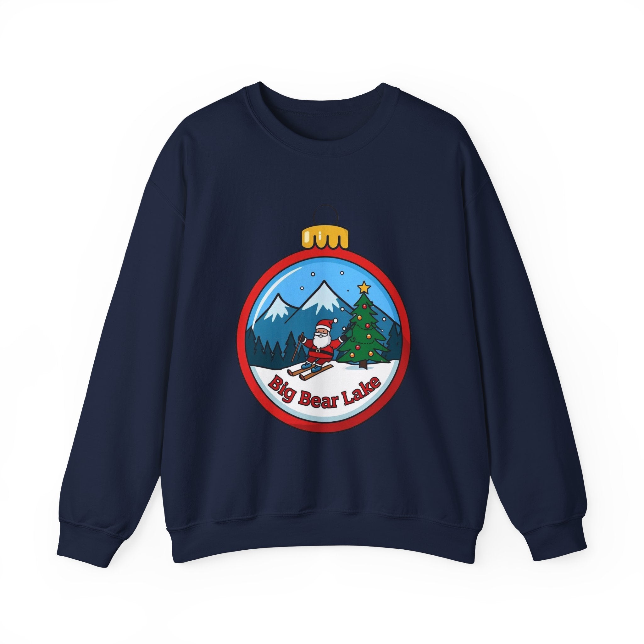 Big Bear Lake Skiing Santa Ornament Sweatshirt — Christmas Mountain Crewneck | Gildan 18000