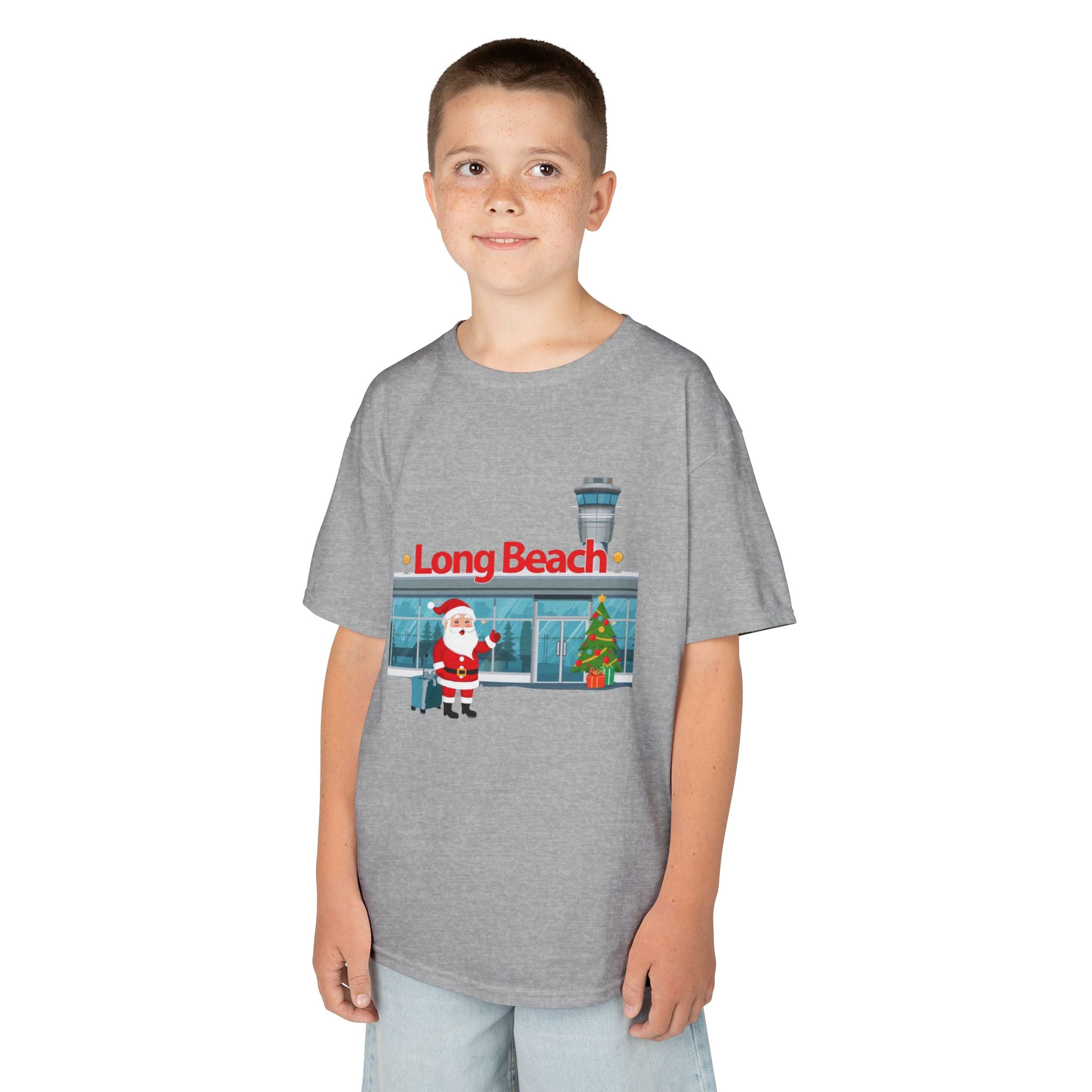 Kids Long Beach Airport Christmas Shirt – Santa Arrival Youth Tee | Cute Holiday Travel Shirt | Santa Luggage Graphic | Gildan 5000B