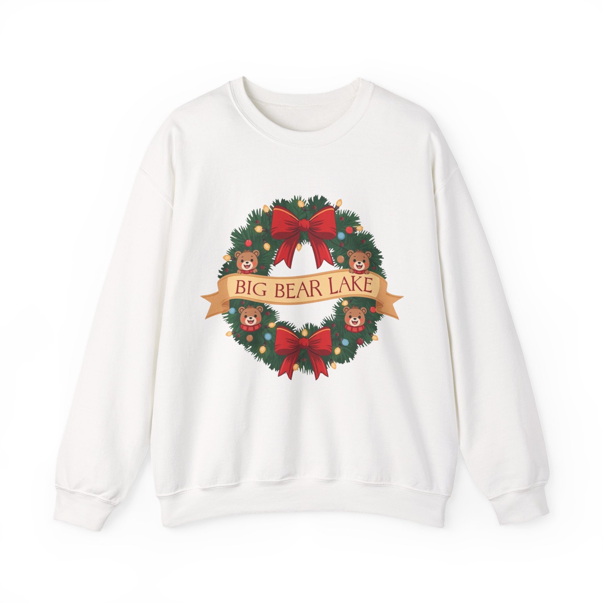 Big Bear Lake Christmas Wreath Sweatshirt — Cute Holiday Bears & Lights | Gildan 18000