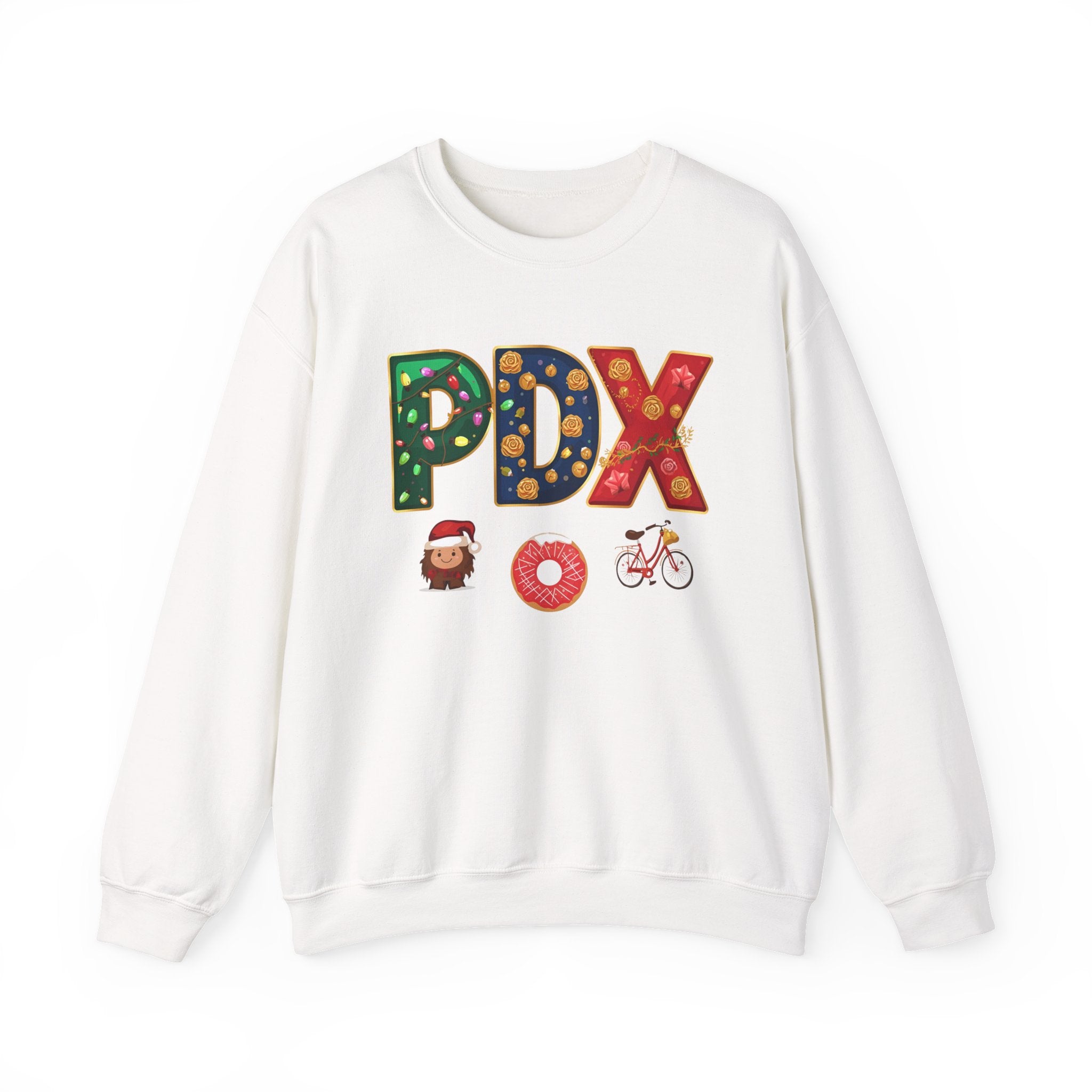 PDX Christmas Sweatshirt – Festive Holiday Letter Art Crewneck | Winter Travel Gift | Gildan 18000