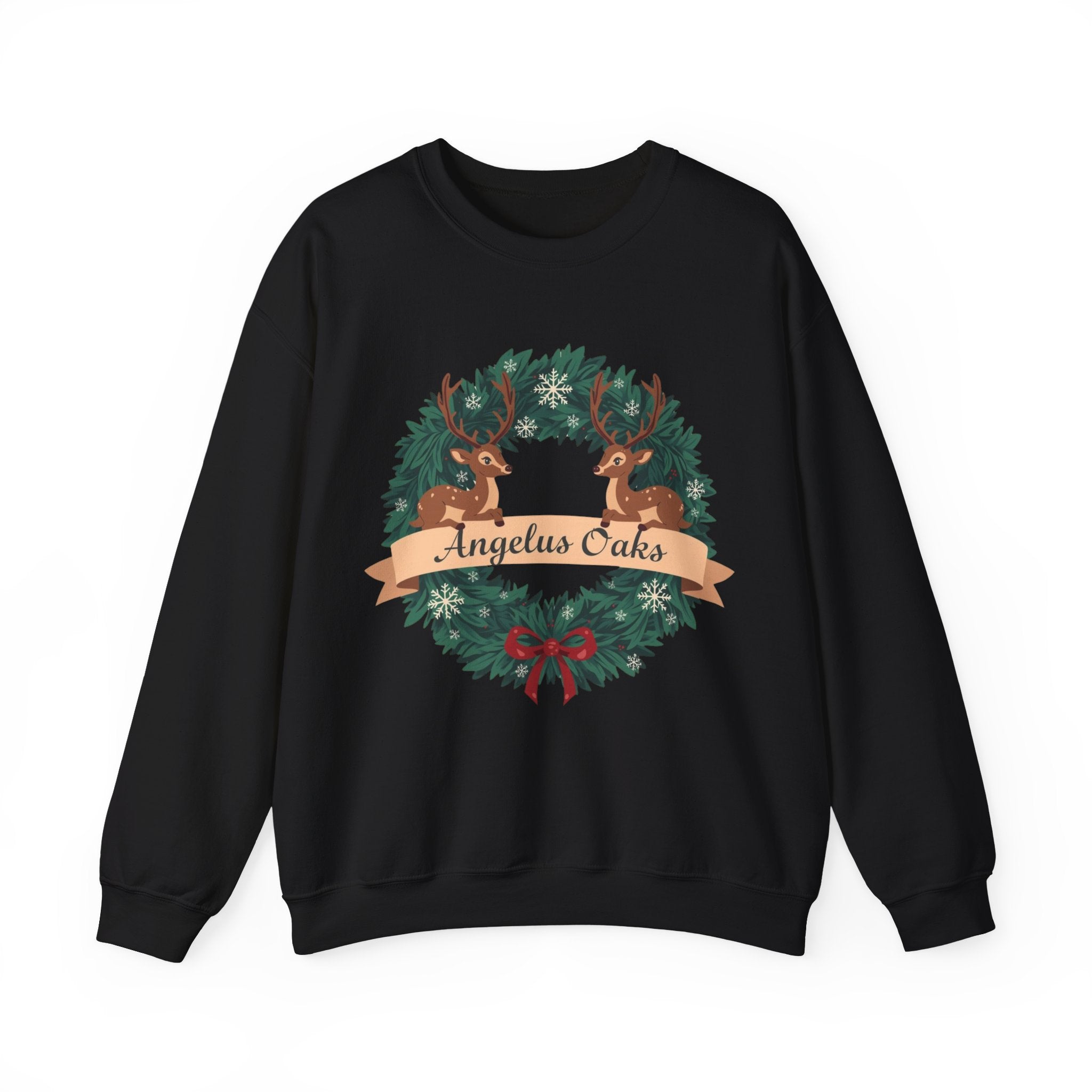 Angelus Oaks Christmas Sweatshirt – Deer Wreath Holiday Crewneck | Cozy Mountain Town Christmas Sweater | Gildan 18000