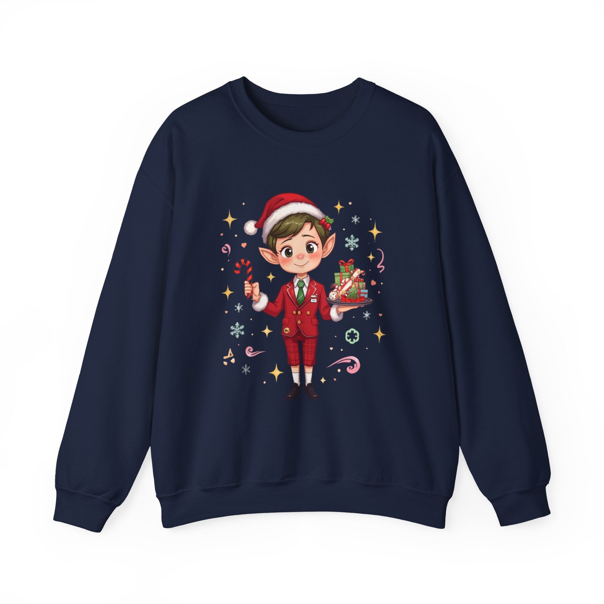 Christmas Cabin Elf Crewneck Sweatshirt — Cute Holiday Elf Holding Candy Cane & Gifts