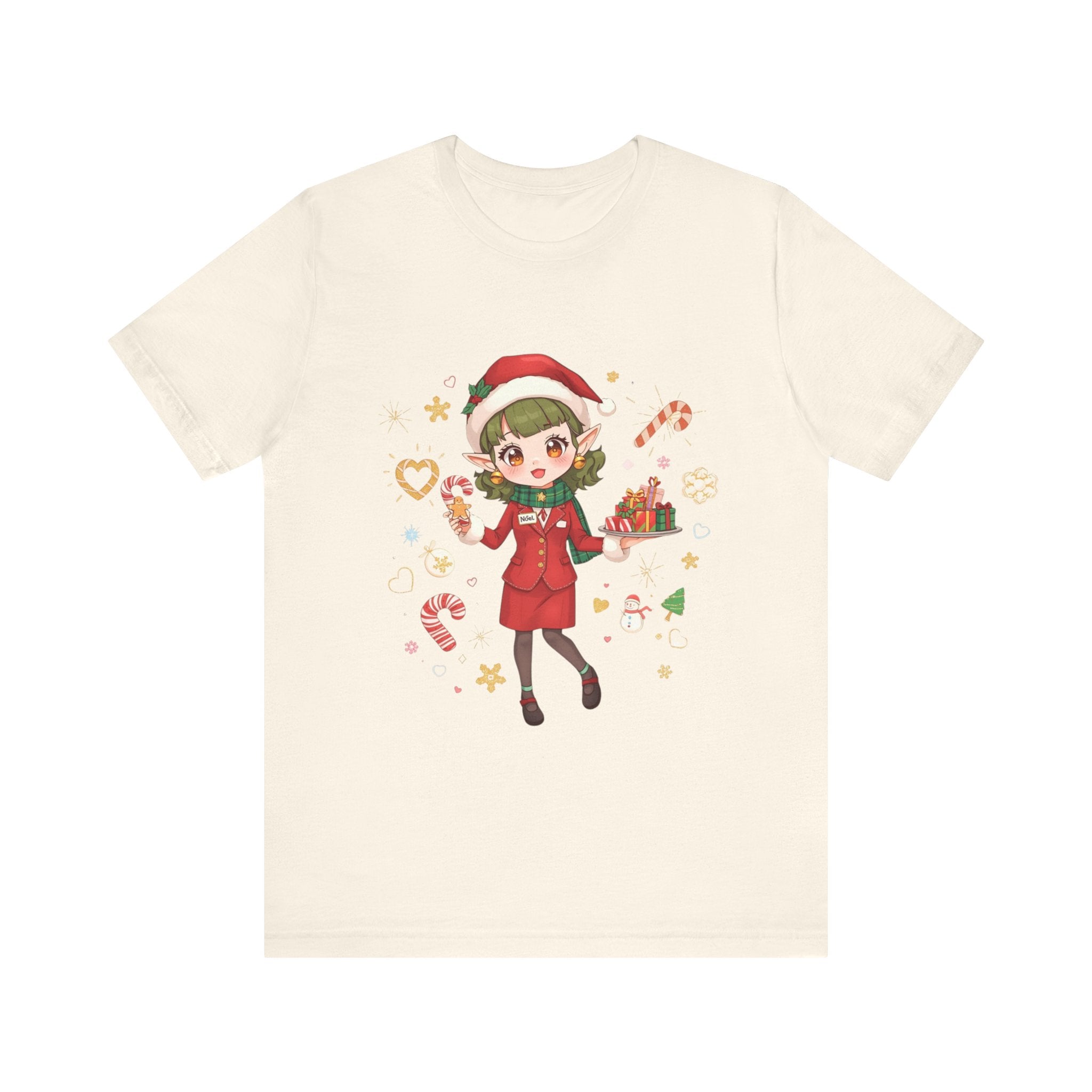 Cute Christmas Cabin Elf  Crew  Girl T‑Shirt — Holiday Anime Santa Tee