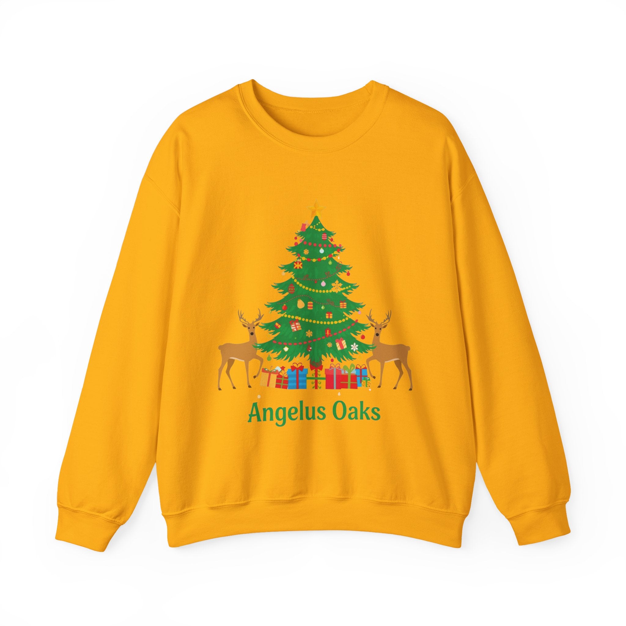 Angelus Oaks Christmas Sweatshirt – Christmas Tree & Deer Holiday Crewneck | Mountain Town Christmas Sweater | Gildan 18000