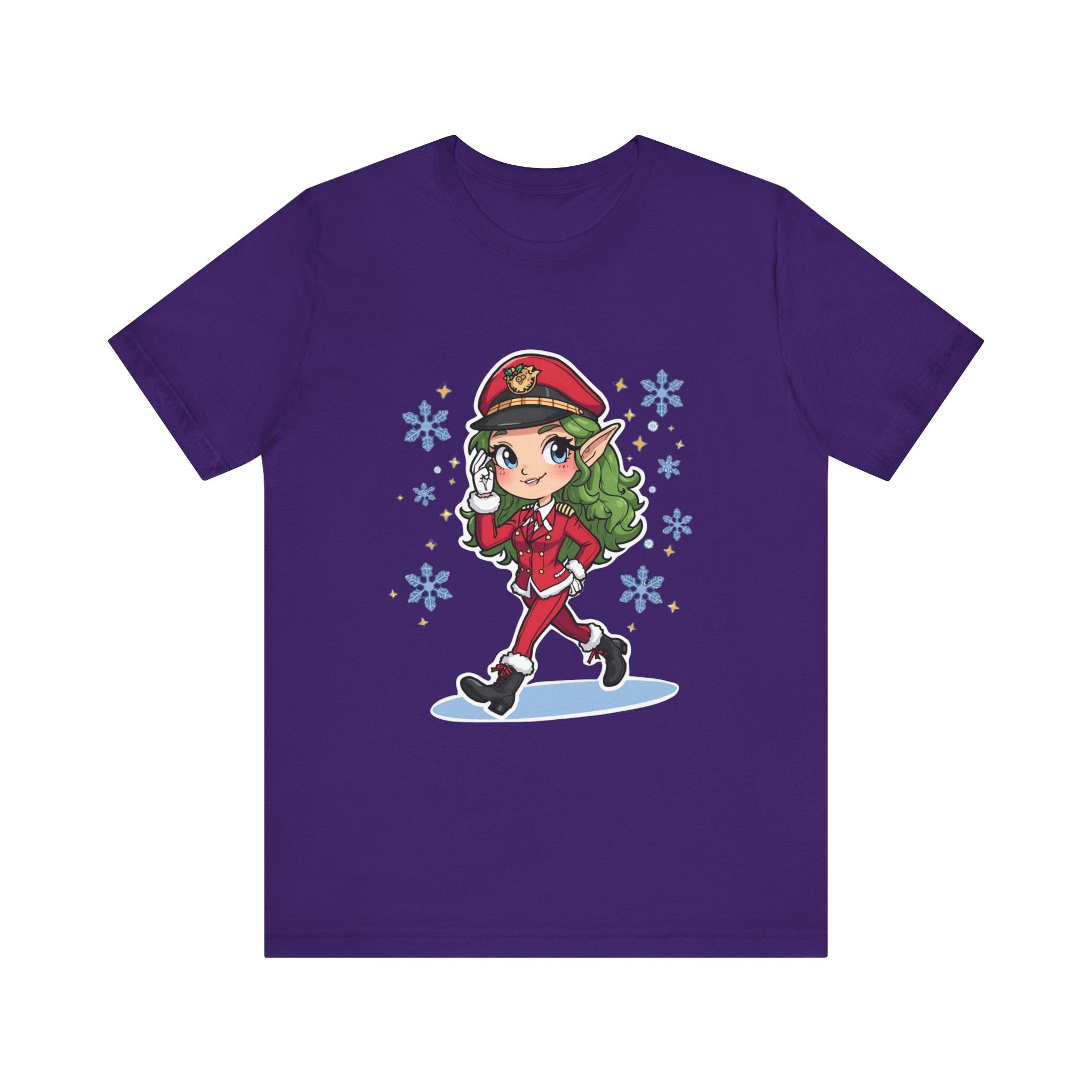 Christmas Elf Pilot T‑Shirt — Cute Holiday Elf Cartoon Tee with Snowflakes