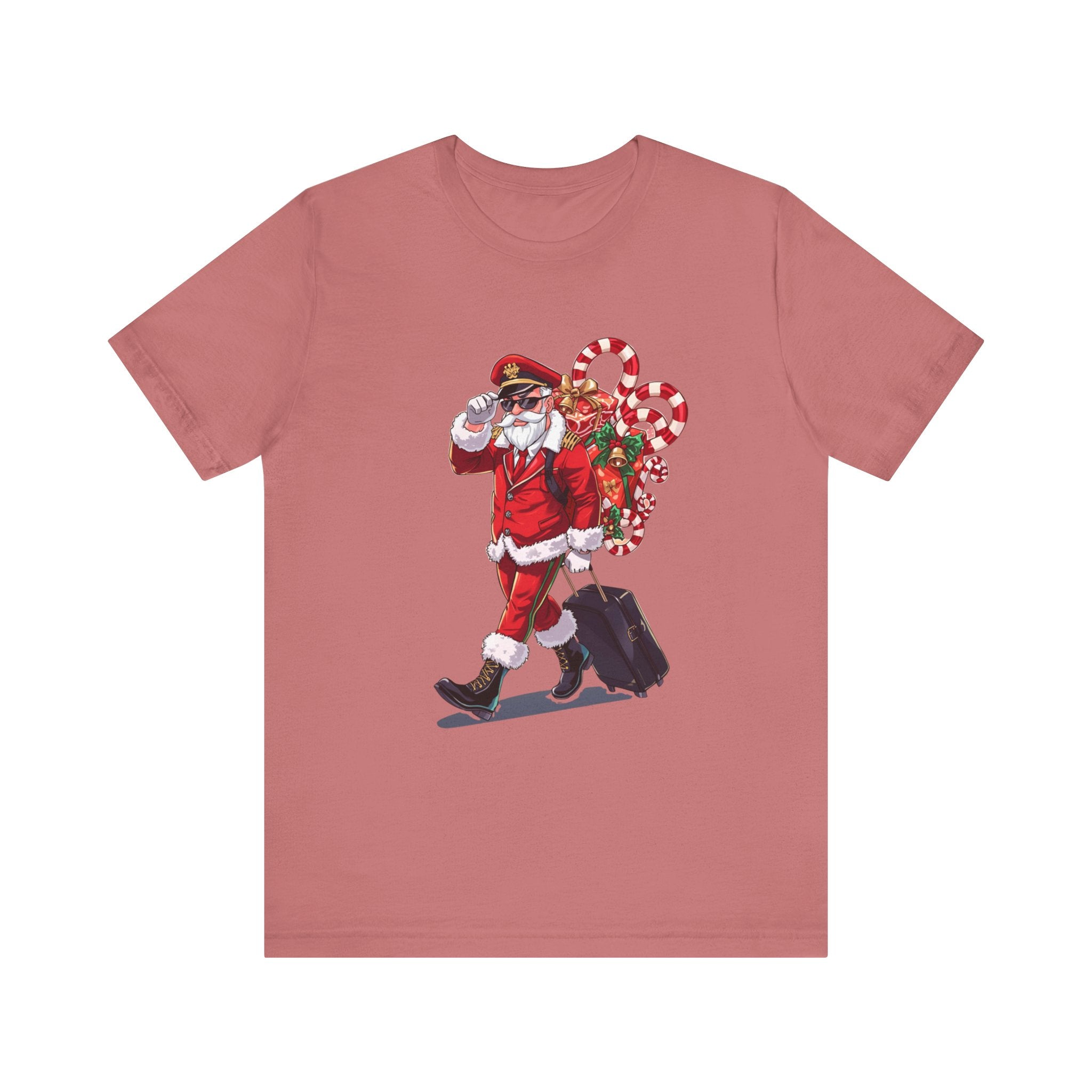 Saucy Santa Pilot T‑Shirt — Vintage Christmas Santa with Candy Cane Sack