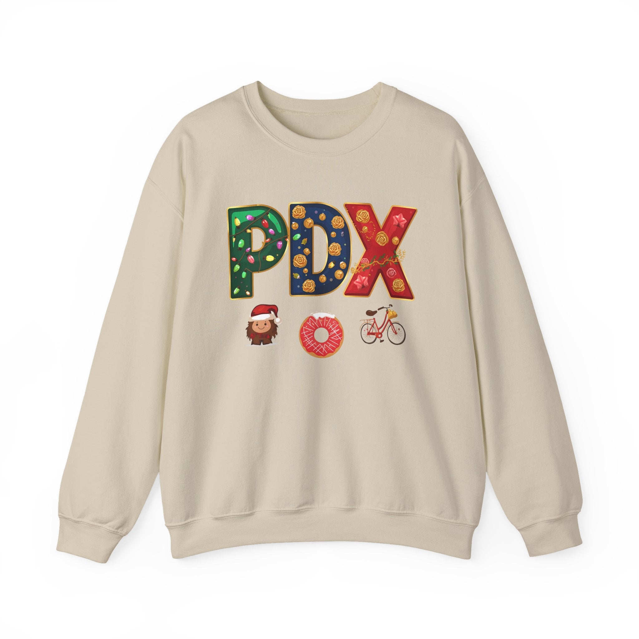 PDX Christmas Sweatshirt – Festive Holiday Letter Art Crewneck | Winter Travel Gift | Gildan 18000