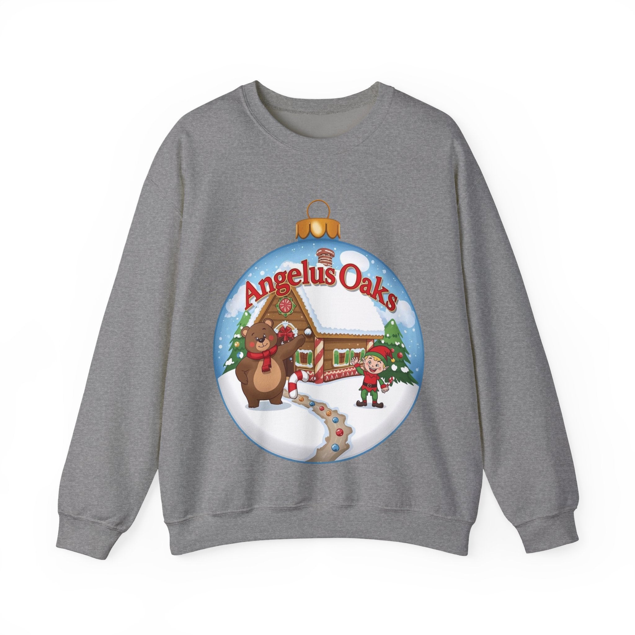 Angelus Oaks Christmas Sweatshirt – Bear & Elf Gingerbread Holiday Crewneck | Cute Mountain Town Christmas Sweater | Gildan 18000