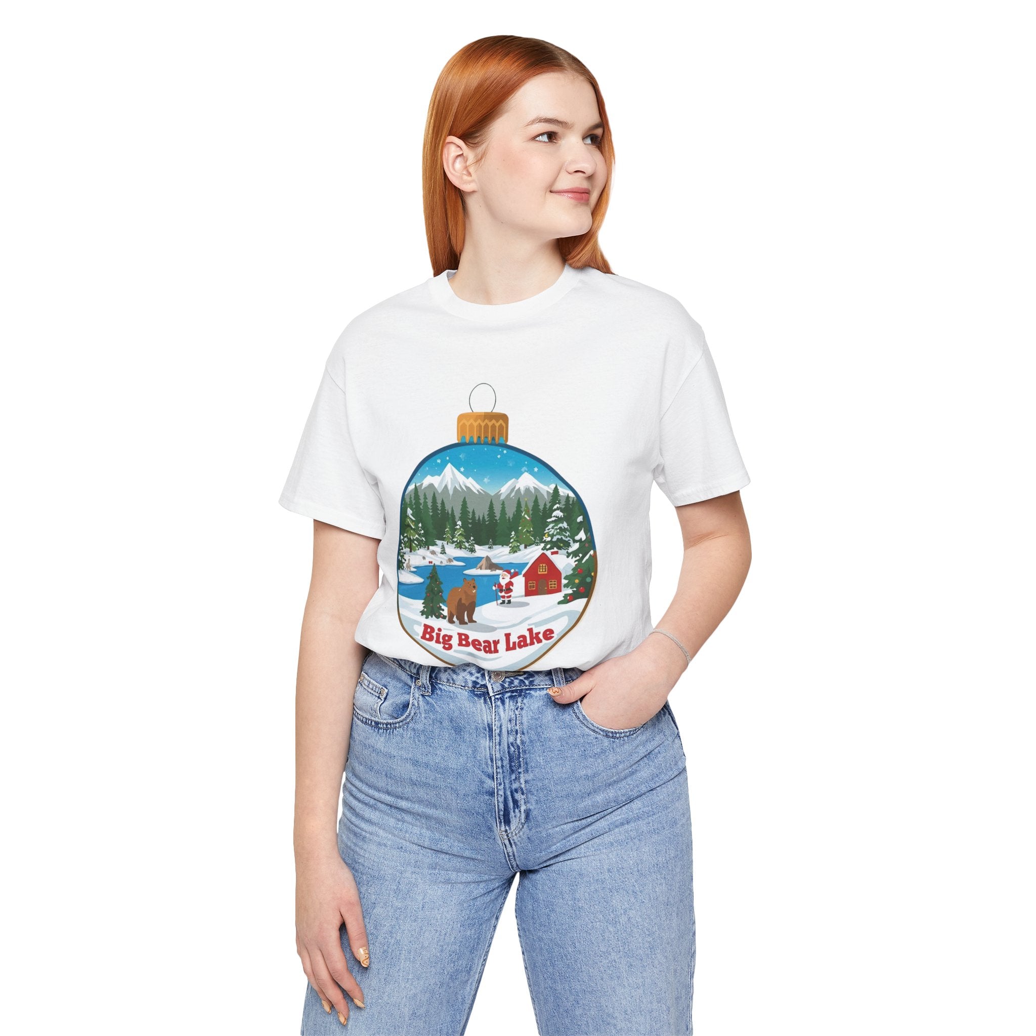 Big Bear Lake Christmas Ornament Scene T-Shirt – Santa, Cabin & Winter Mountains Tee