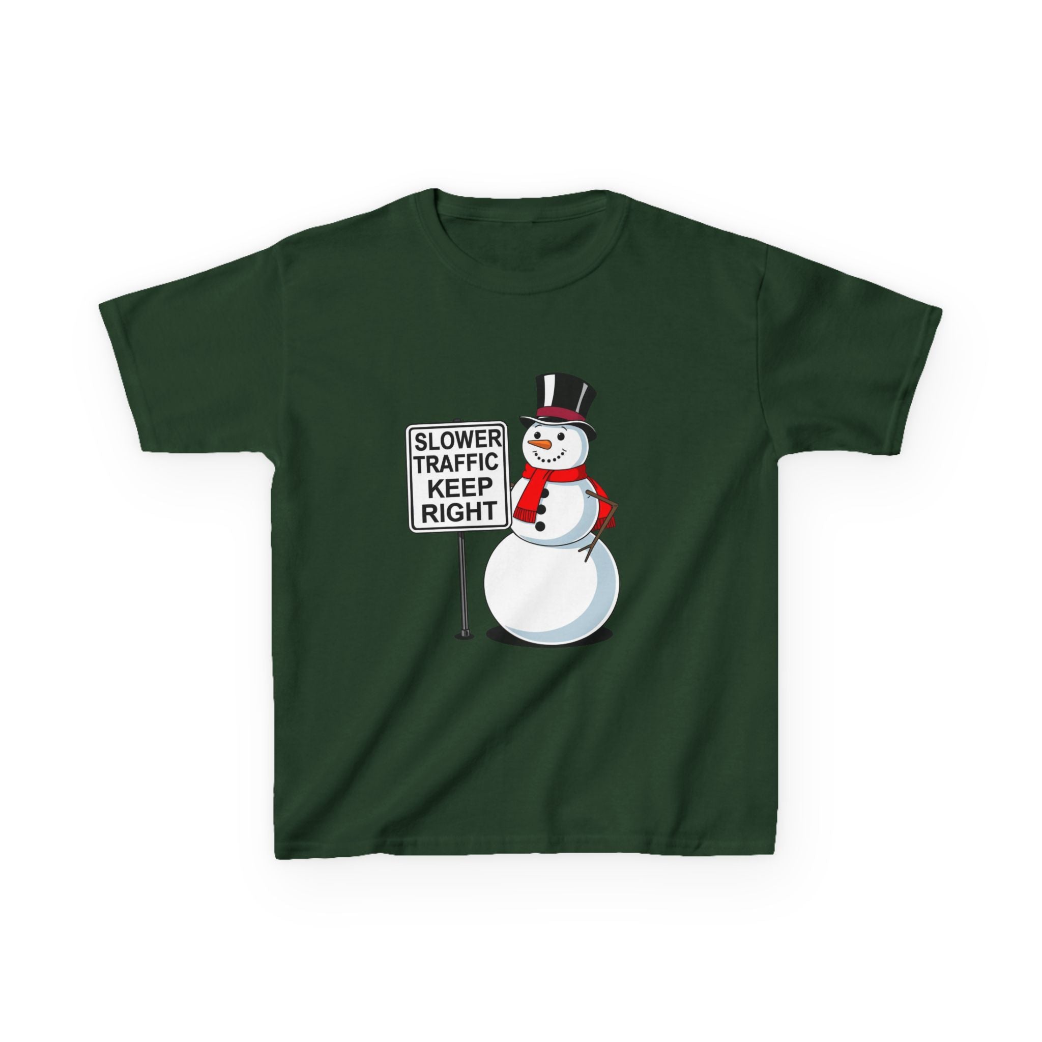 Kids Snowman Slower Traffic Keep Right Shirt – Funny Christmas Road Sign Tee | Holiday Snowman Humor Top | Gildan 5000B