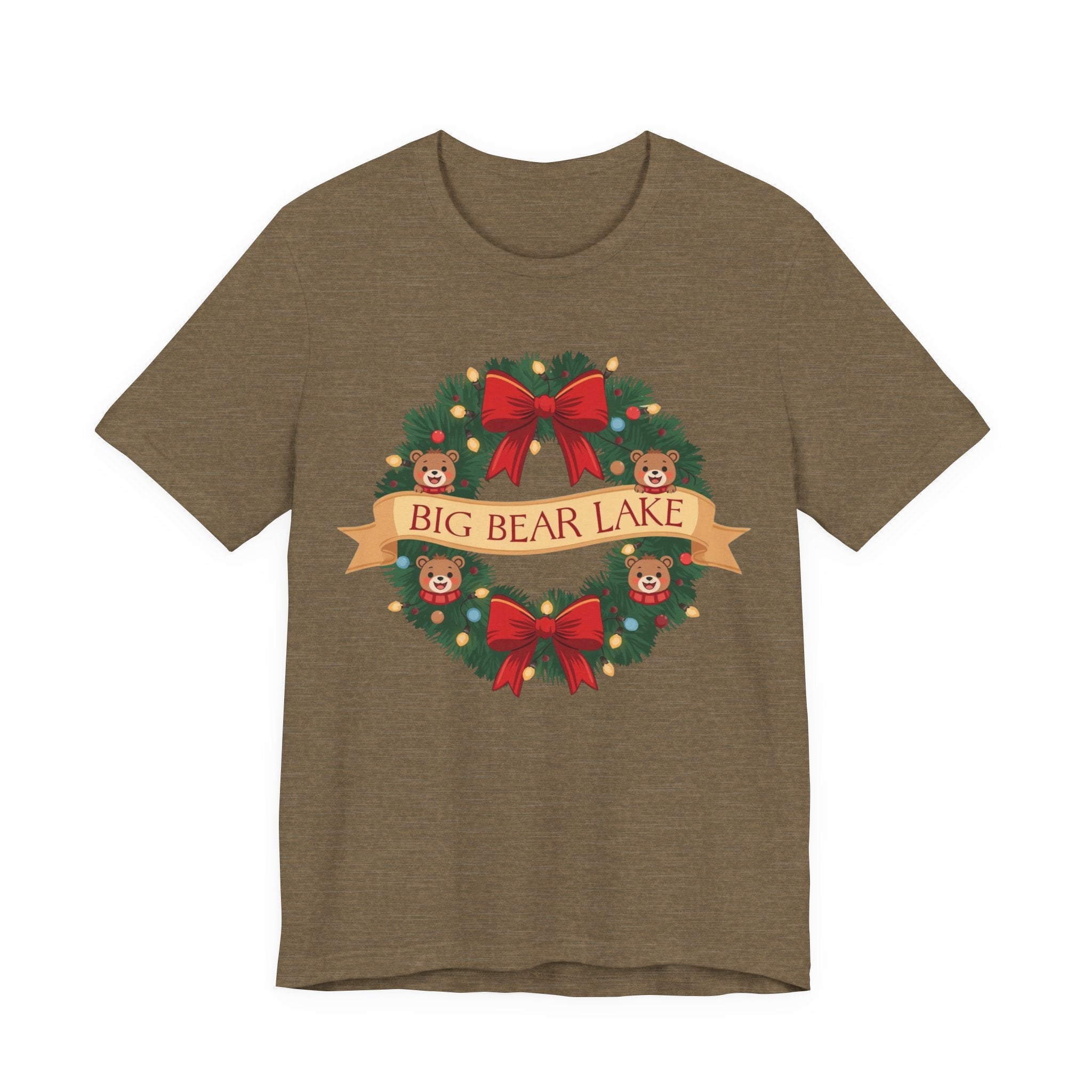 Big Bear Lake Christmas Wreath T-Shirt — Cute Holiday Bears & Lights | Bella Canvas 3001