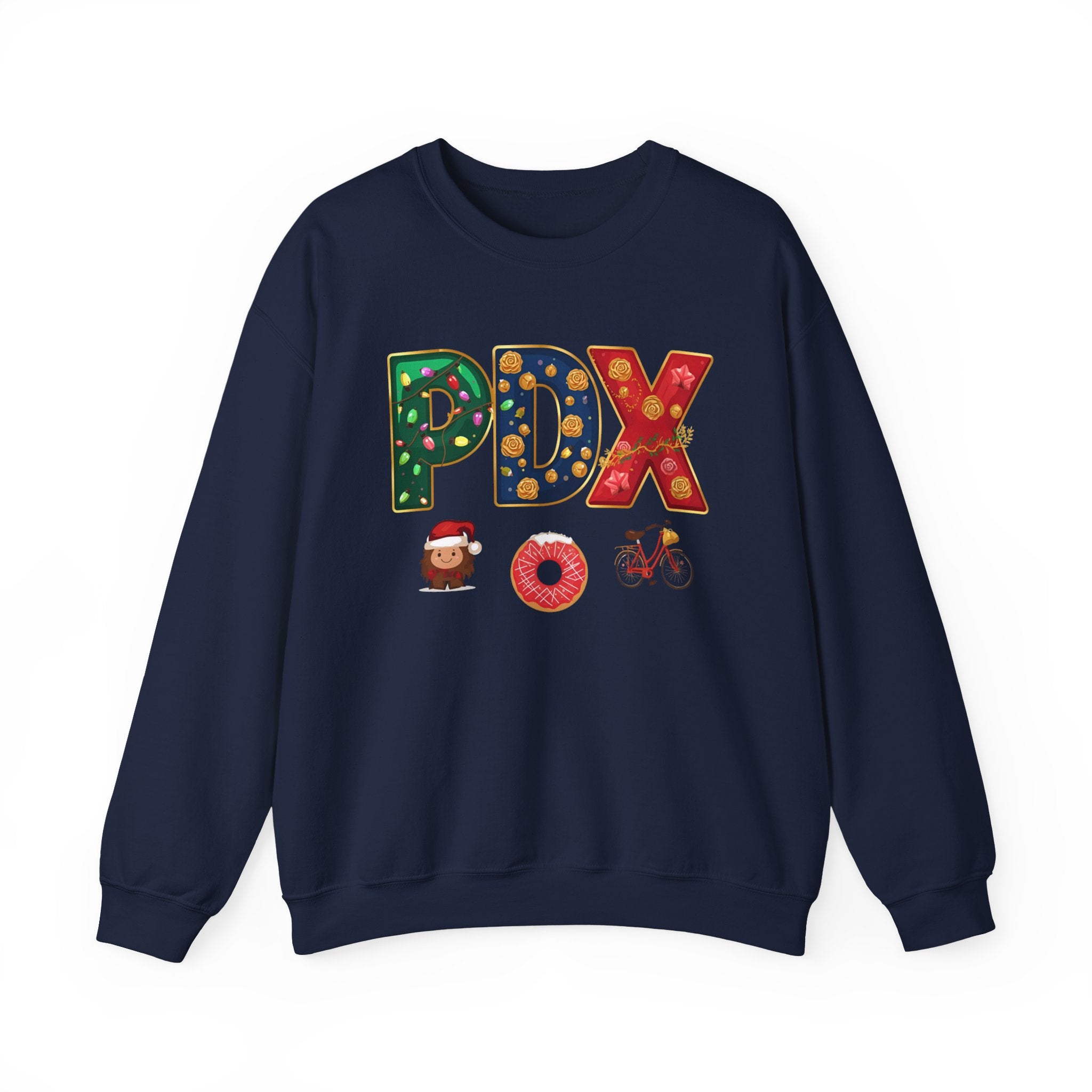 PDX Christmas Sweatshirt – Festive Holiday Letter Art Crewneck | Winter Travel Gift | Gildan 18000