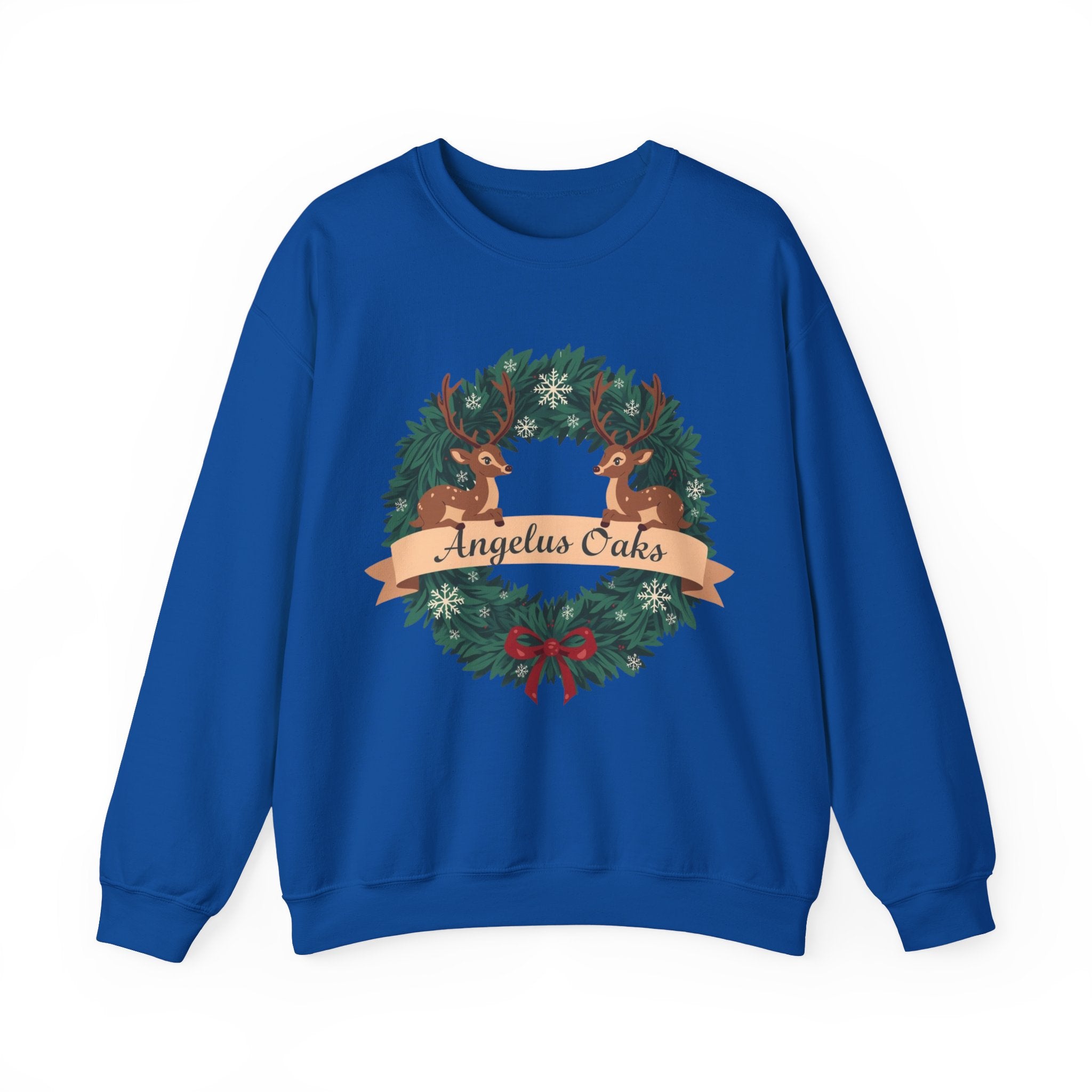 Angelus Oaks Christmas Sweatshirt – Deer Wreath Holiday Crewneck | Cozy Mountain Town Christmas Sweater | Gildan 18000
