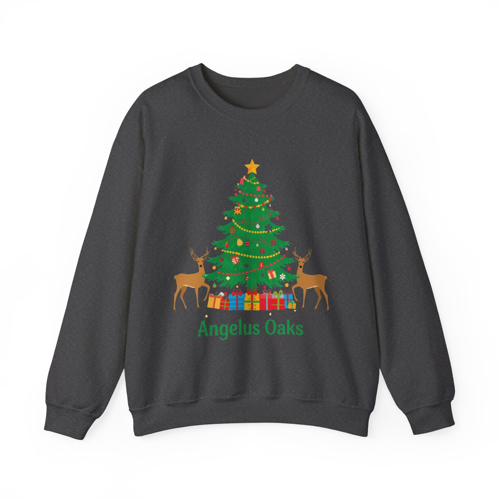 Angelus Oaks Christmas Sweatshirt – Christmas Tree & Deer Holiday Crewneck | Mountain Town Christmas Sweater | Gildan 18000