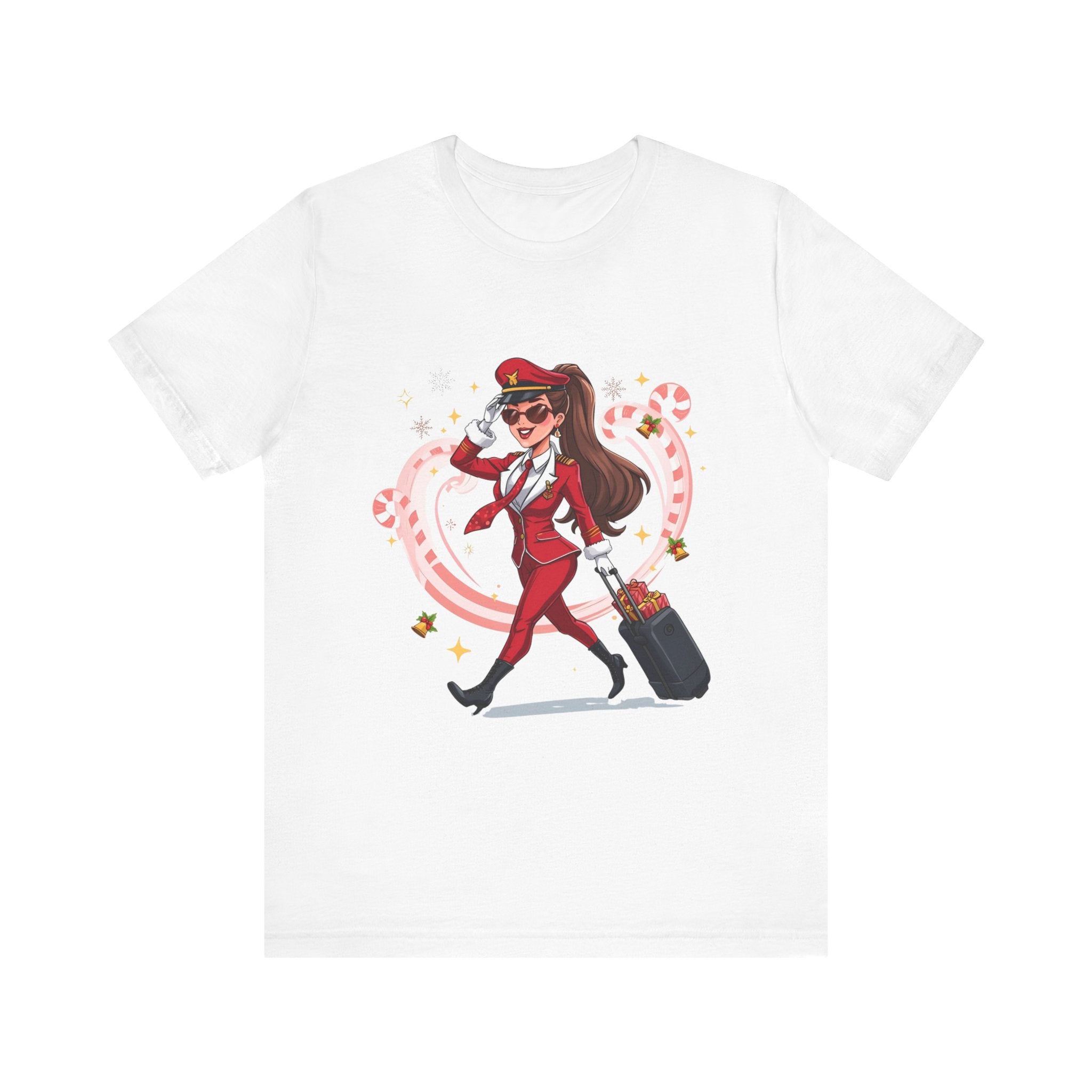 Sassy Pilot Cartoon Tee - Cute Female Pilot Stewardess with Luggage Shirt
