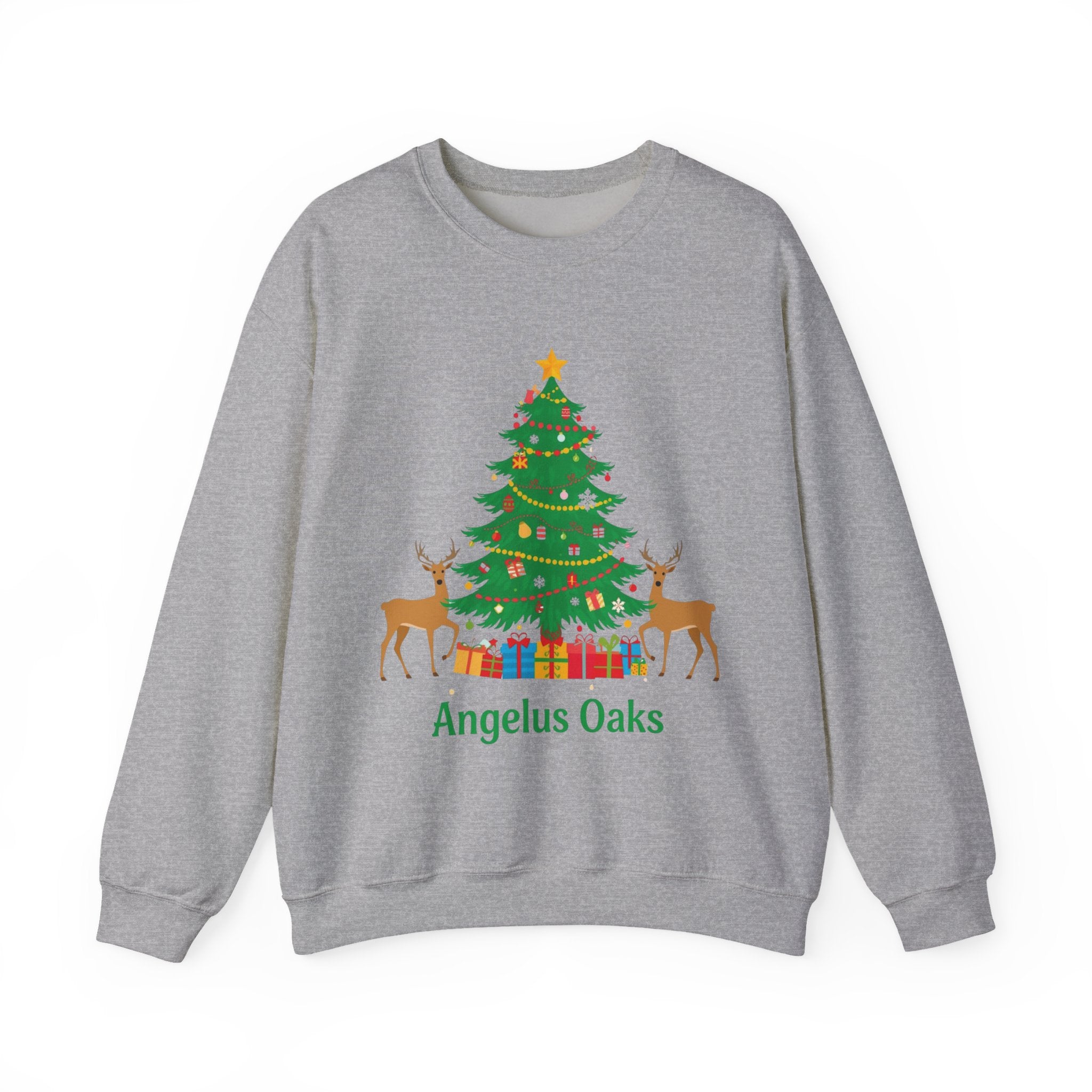 Angelus Oaks Christmas Sweatshirt – Christmas Tree & Deer Holiday Crewneck | Mountain Town Christmas Sweater | Gildan 18000