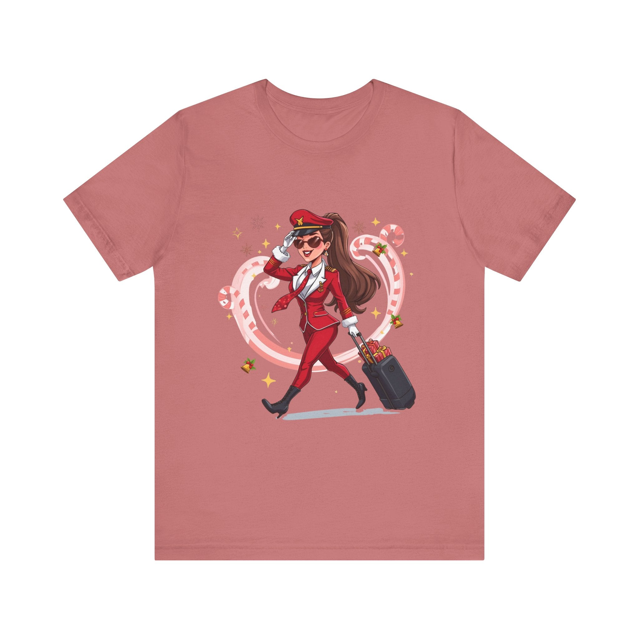 Sassy Pilot Cartoon Tee - Cute Female Pilot Stewardess with Luggage Shirt