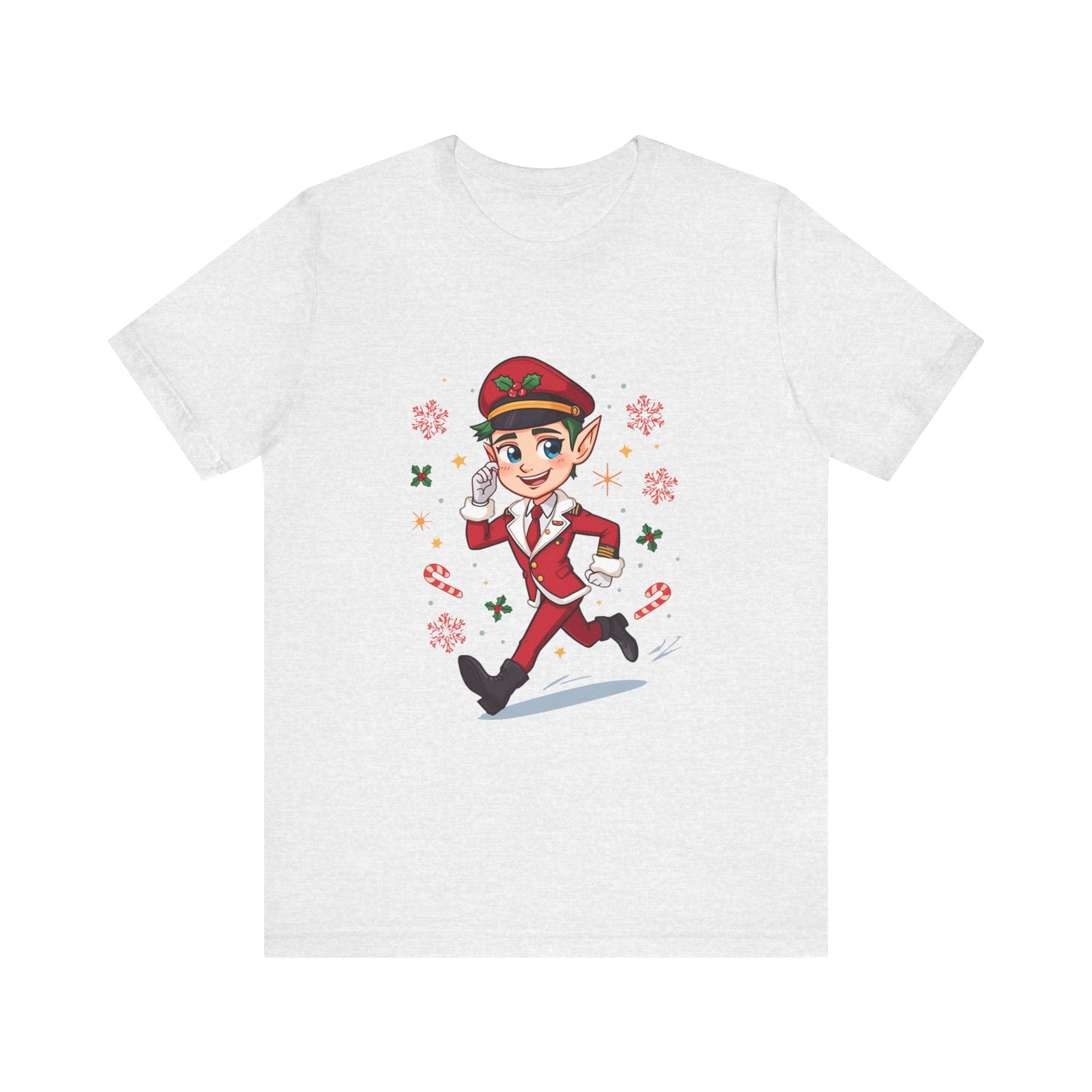 Christmas Candy-Stripe Elf Pilot Tee — Cute Holiday Elf Running with Candy Canes