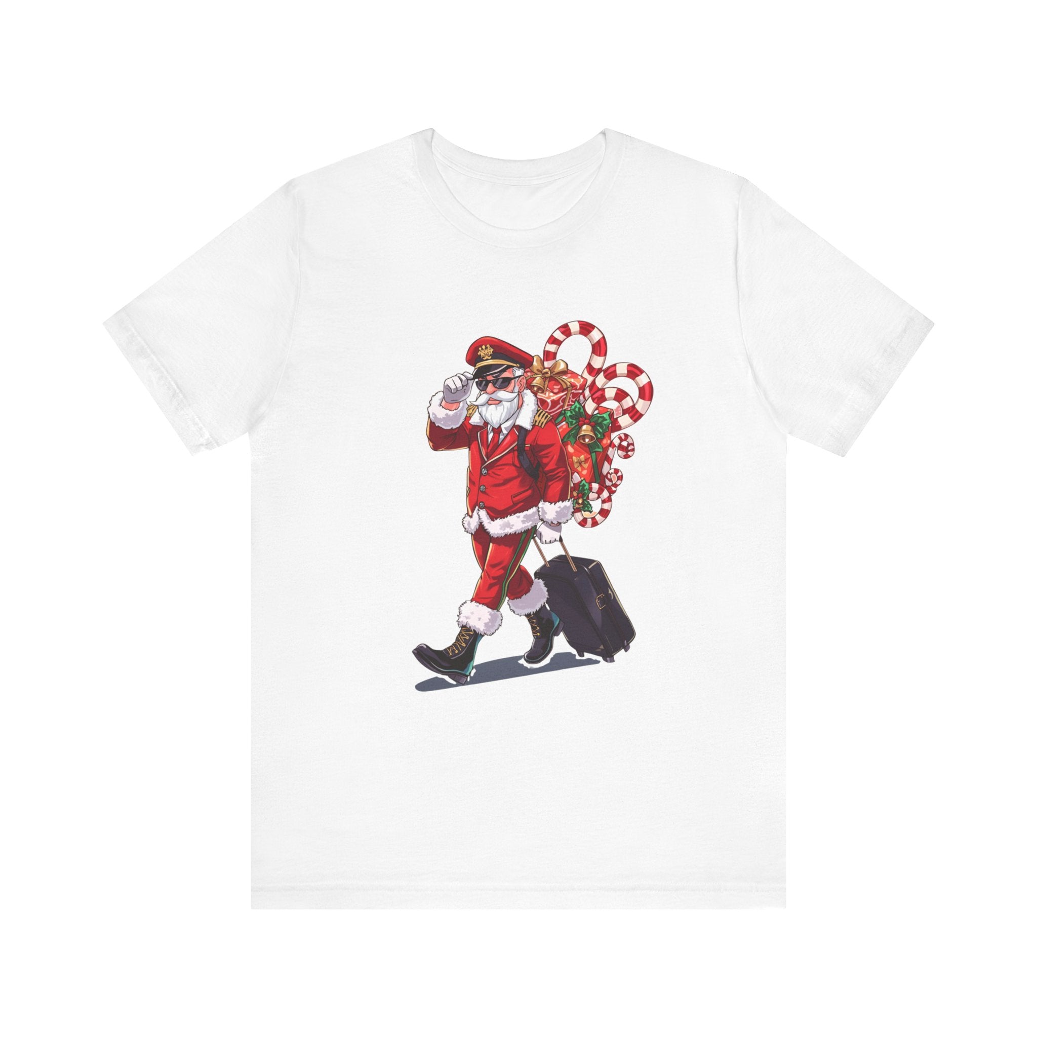 Saucy Santa Pilot T‑Shirt — Vintage Christmas Santa with Candy Cane Sack