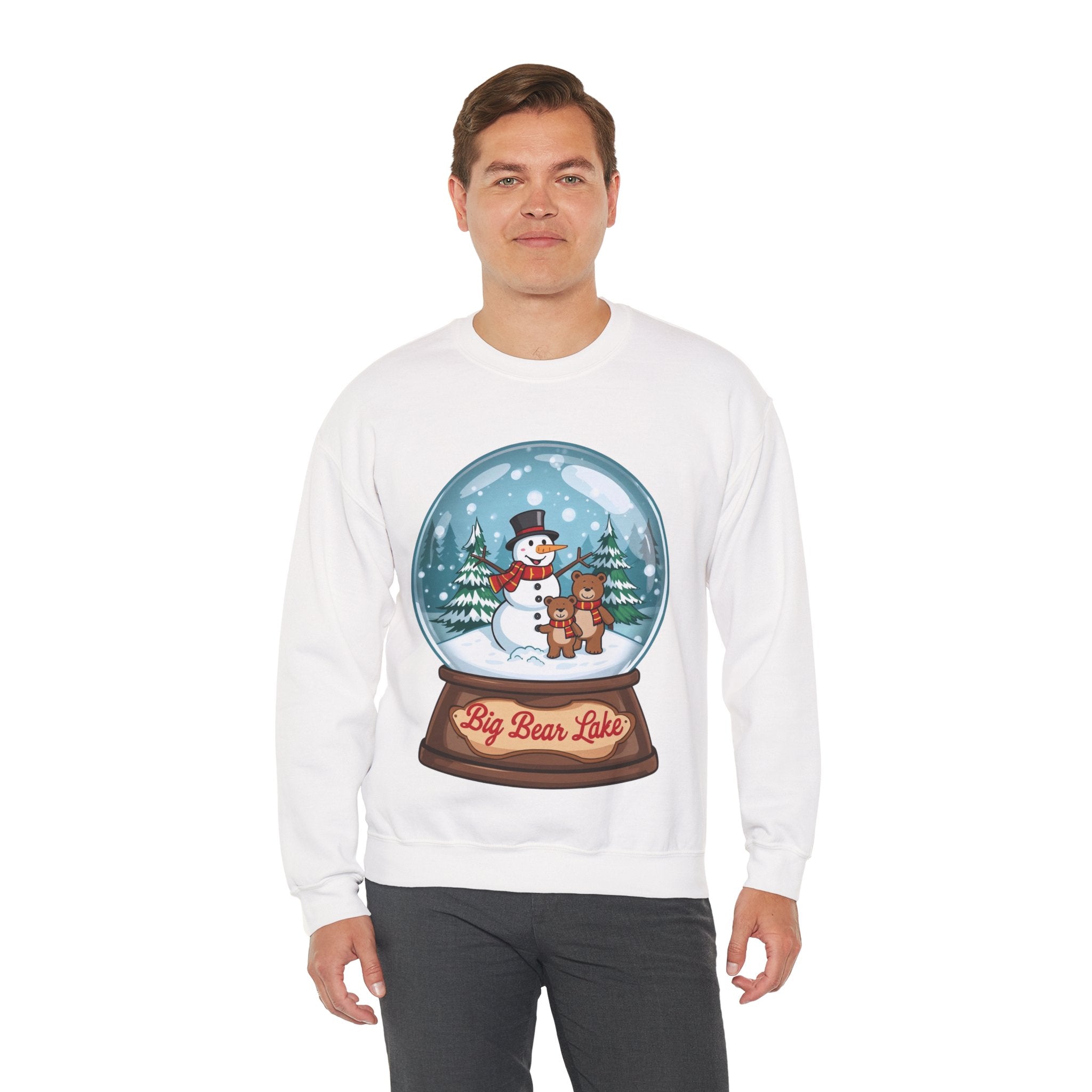 Big Bear Lake Snow Globe Christmas Sweatshirt – Cute Snowman & Bears Winter Crewneck | Holiday Mountain Gift | California Xmas Sweater | Gildan 18000