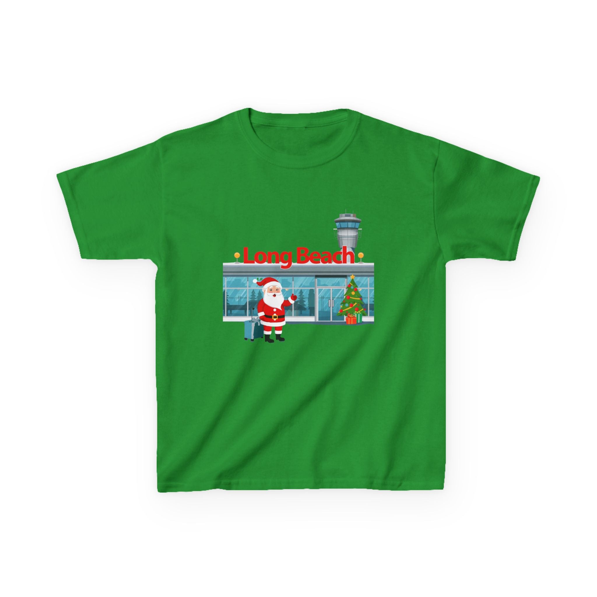 Kids Long Beach Airport Christmas Shirt – Santa Arrival Youth Tee | Cute Holiday Travel Shirt | Santa Luggage Graphic | Gildan 5000B