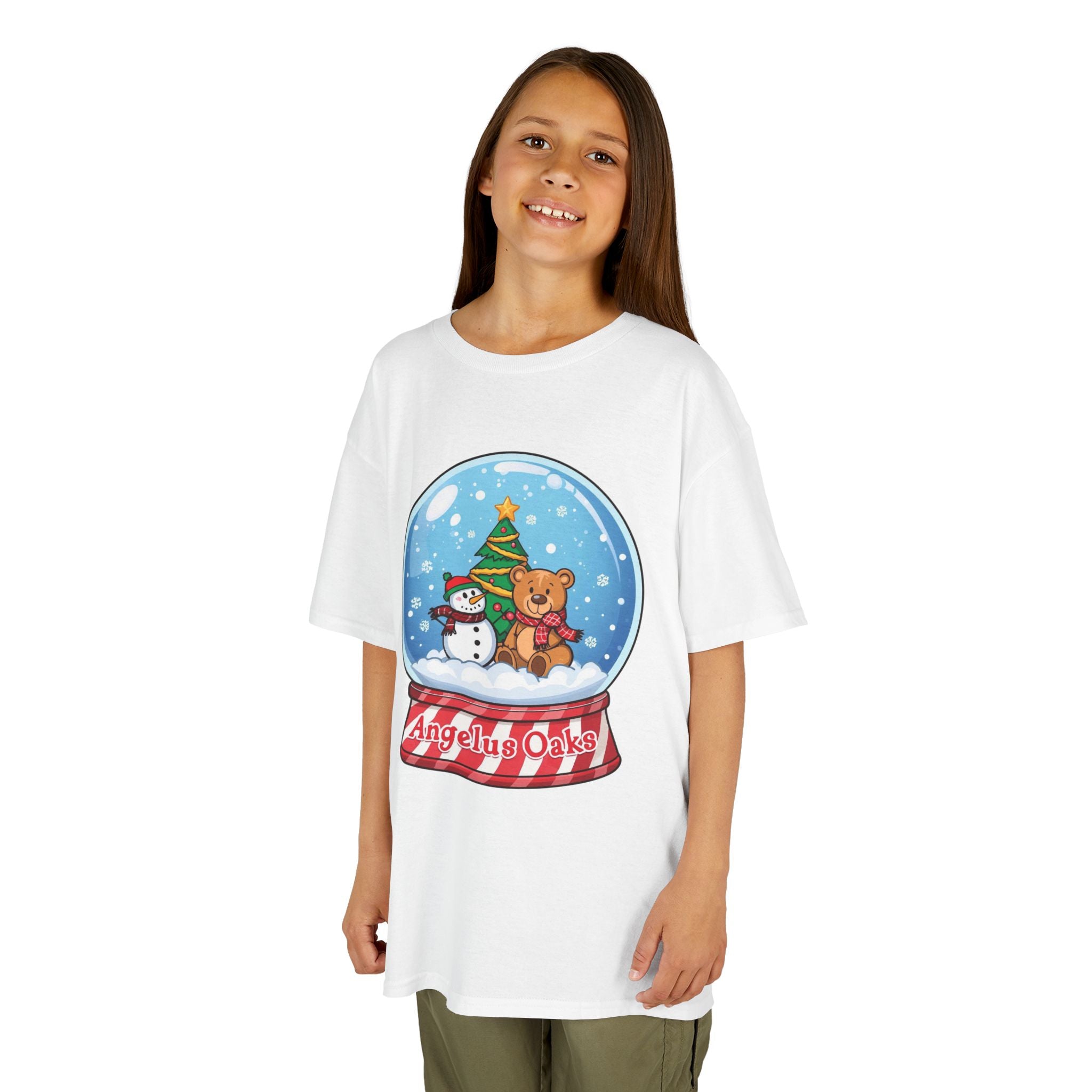 Kids Angelus Oaks Christmas Shirt – Snow Globe Bear & Snowman Youth Tee | Cute Winter Holiday Shirt | Gildan 5000B