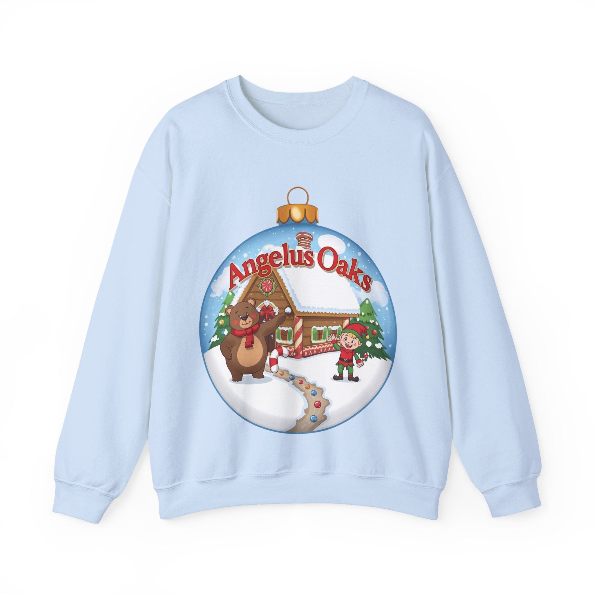 Angelus Oaks Christmas Sweatshirt – Bear & Elf Gingerbread Holiday Crewneck | Cute Mountain Town Christmas Sweater | Gildan 18000