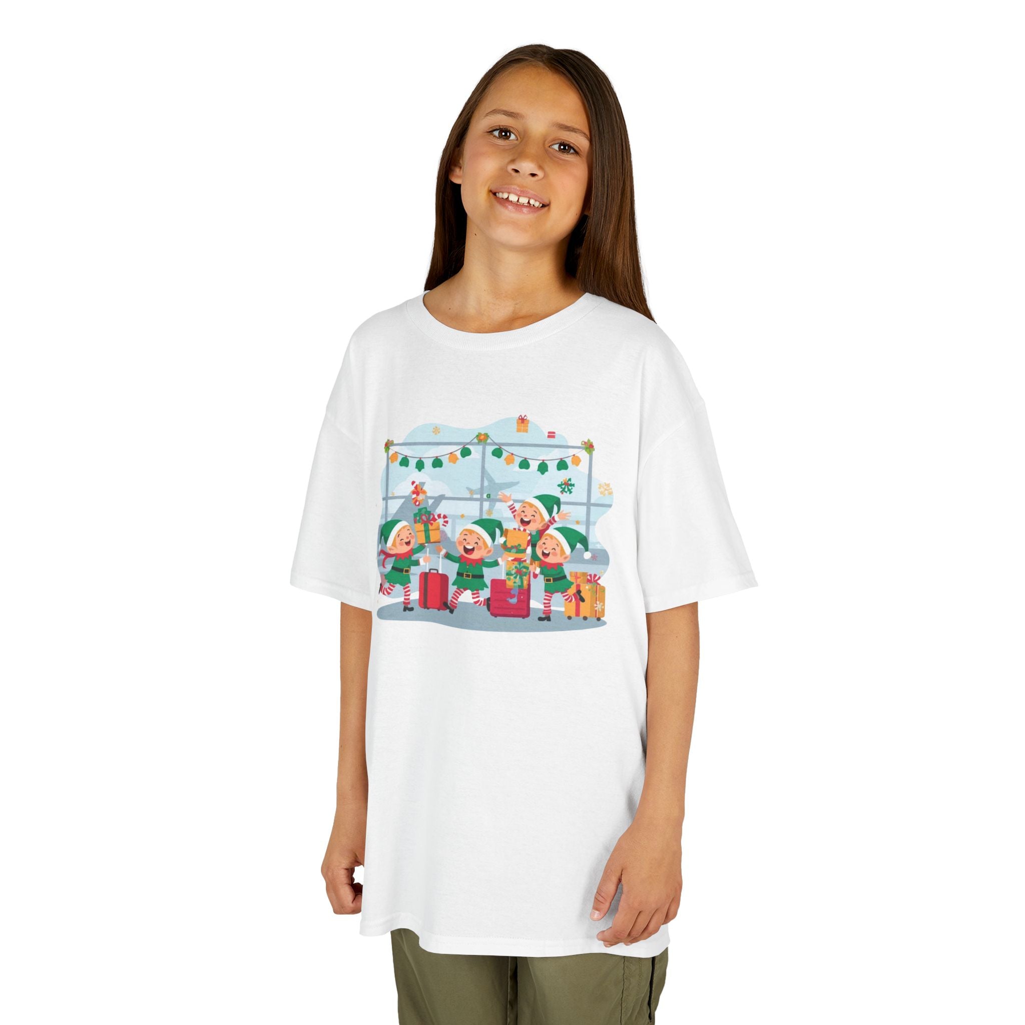 Kids Christmas Elves Airport Shirt — Cute Holiday Travel T-Shirt | Gildan 5000B