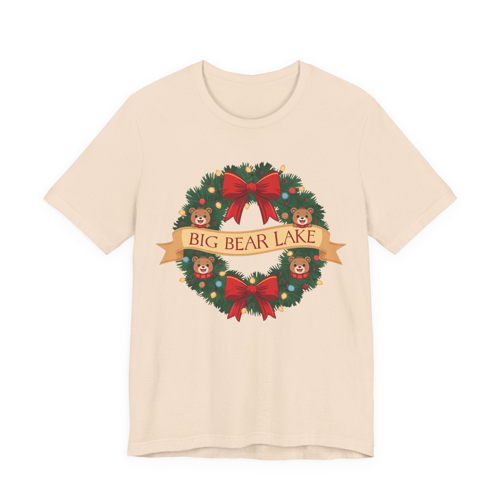 Big Bear Lake Christmas Wreath T-Shirt — Cute Holiday Bears & Lights | Bella Canvas 3001