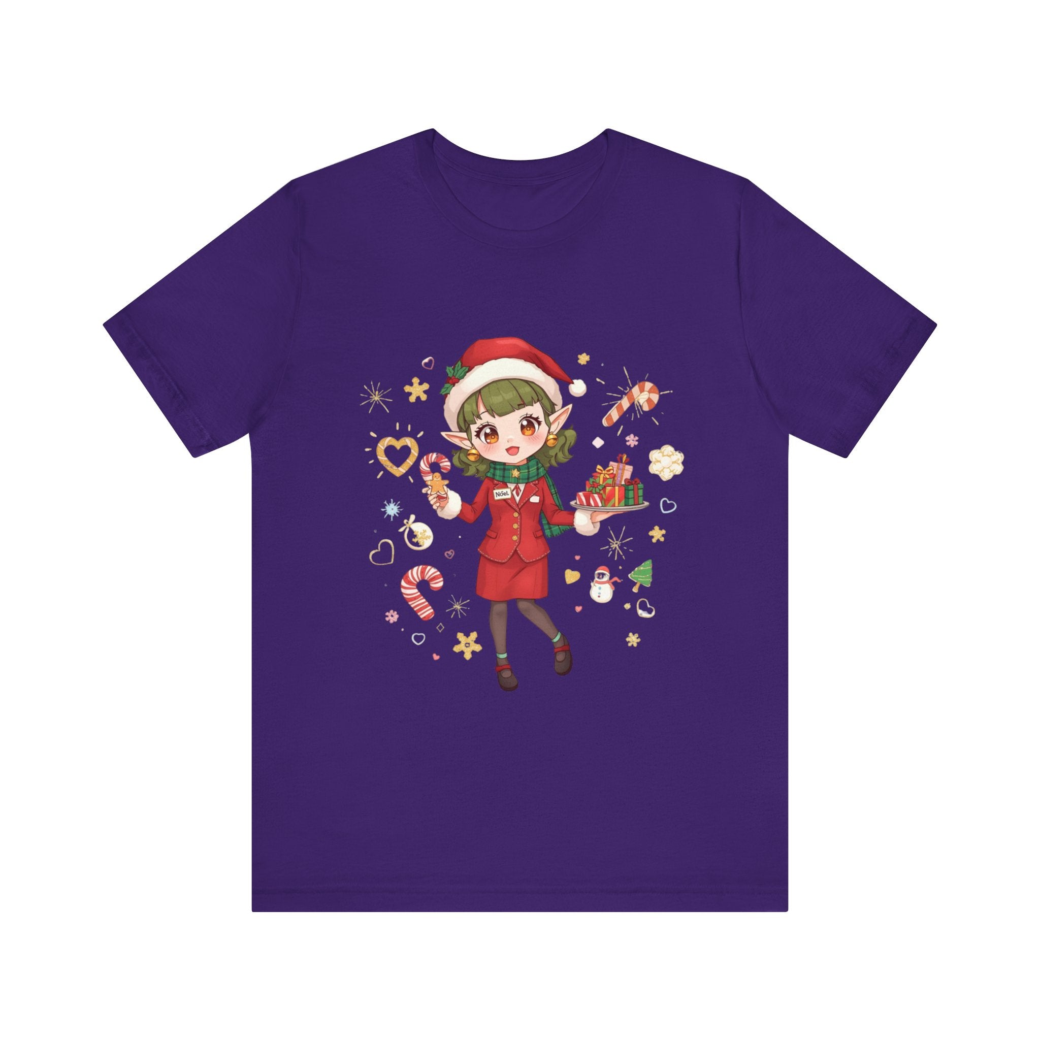 Cute Christmas Cabin Elf  Crew  Girl T‑Shirt — Holiday Anime Santa Tee