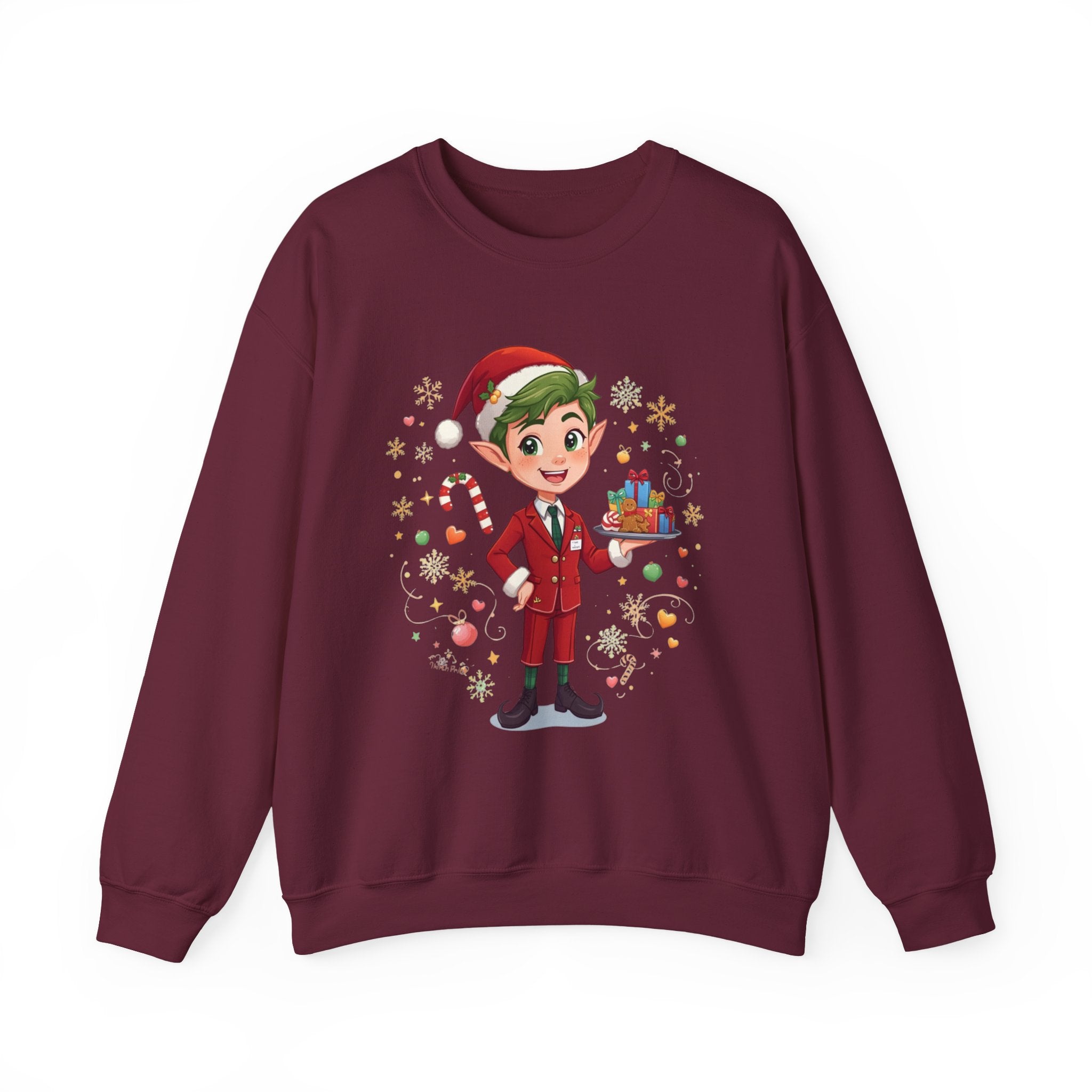 Christmas Cabin Elf Crewneck Sweatshirt – Cute Holiday Elf with Candy & Gifts