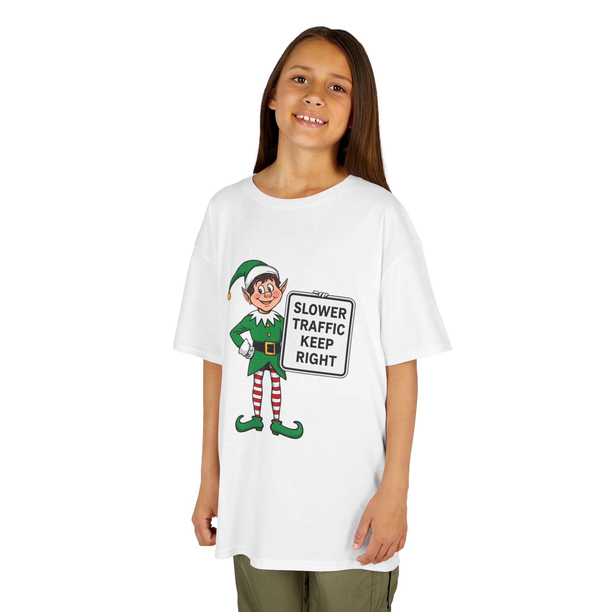 Funny Elf Traffic Kids Christmas Shirt – Slower Traffic Keep Right Holiday Tee | Cute Christmas Elf Humor | Gildan 5000B