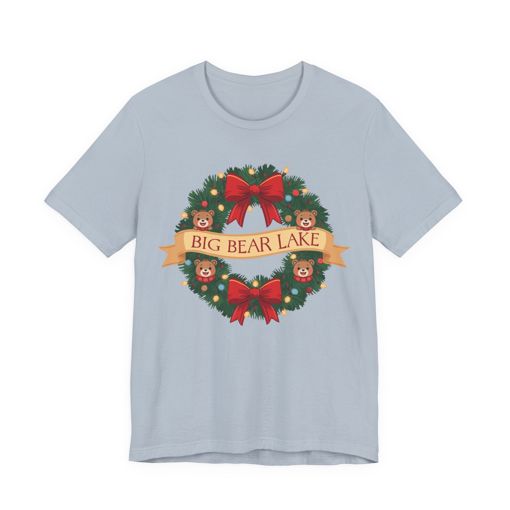 Big Bear Lake Christmas Wreath T-Shirt — Cute Holiday Bears & Lights | Bella Canvas 3001