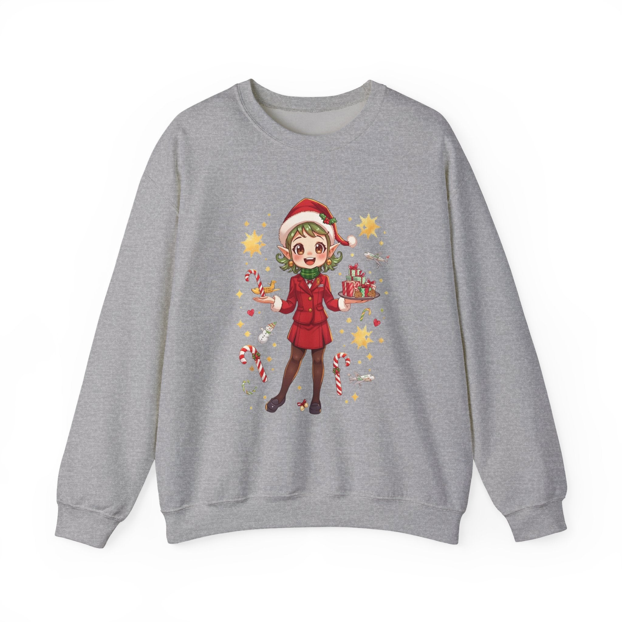 Christmas Elf Cabin Crewneck Sweatshirt — Cute Holiday Girl with Gifts & Candy Canes