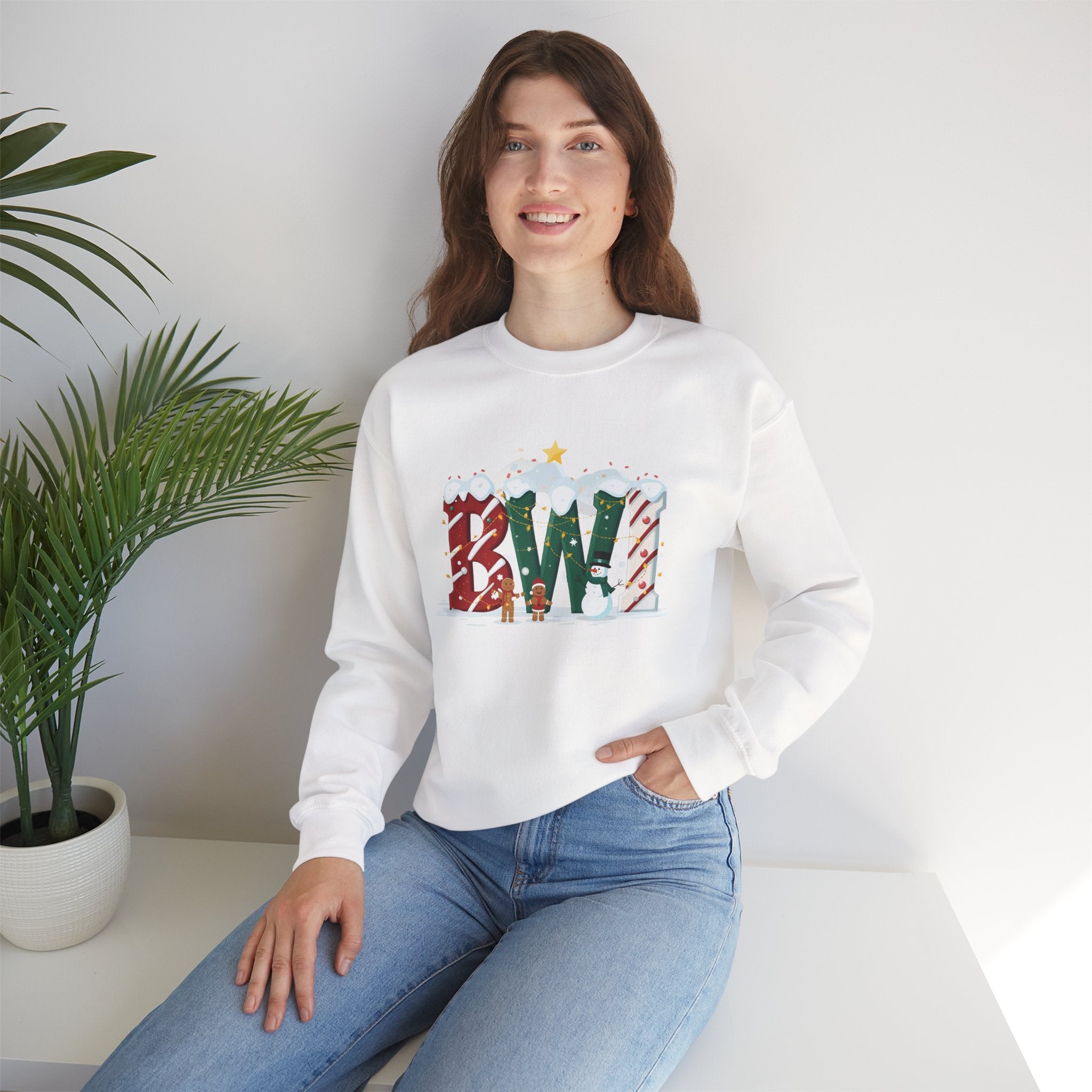 BWI Christmas Sweatshirt – Festive Holiday Letter Art Tee | Christmas Gift | Gildan 18000
