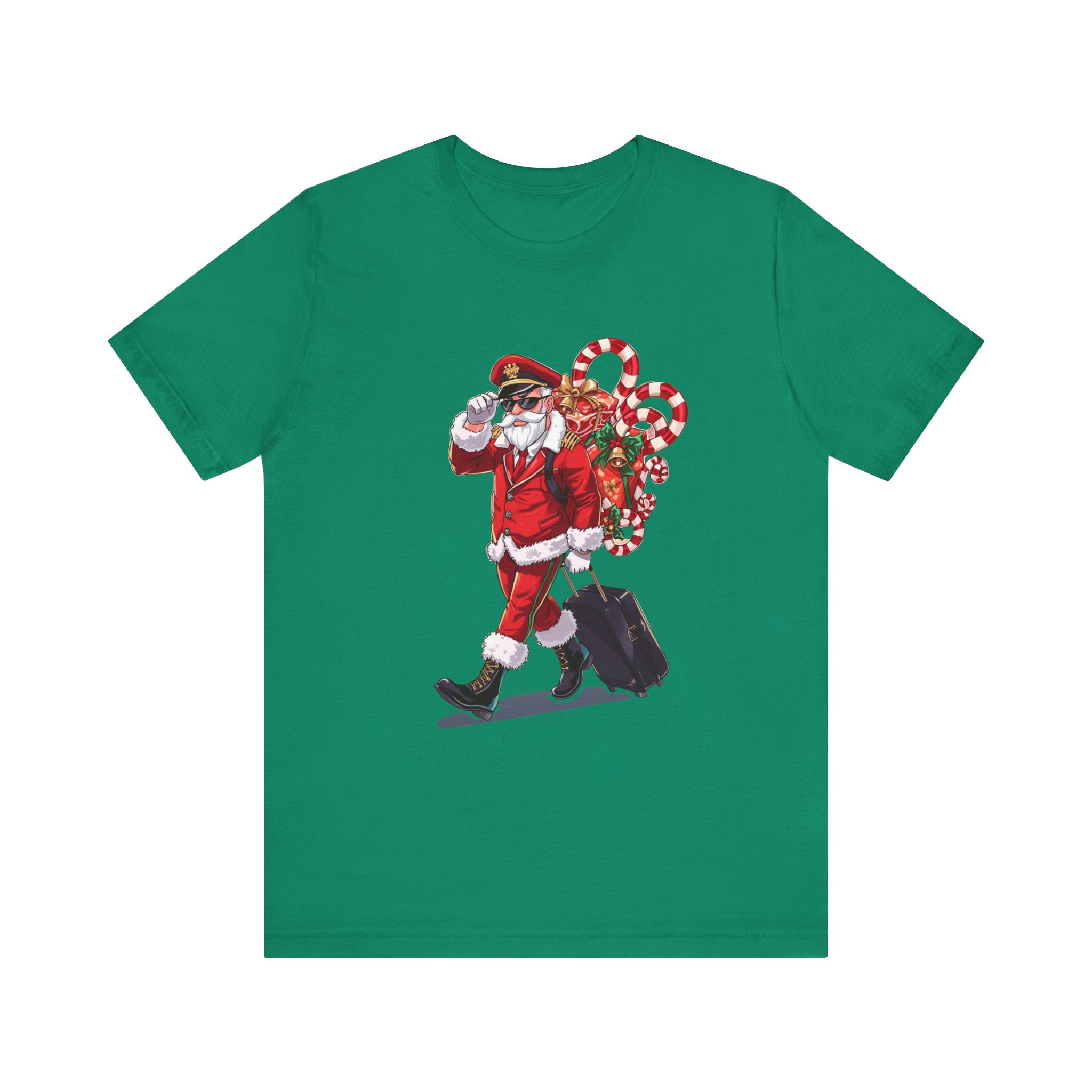 Saucy Santa Pilot T‑Shirt — Vintage Christmas Santa with Candy Cane Sack